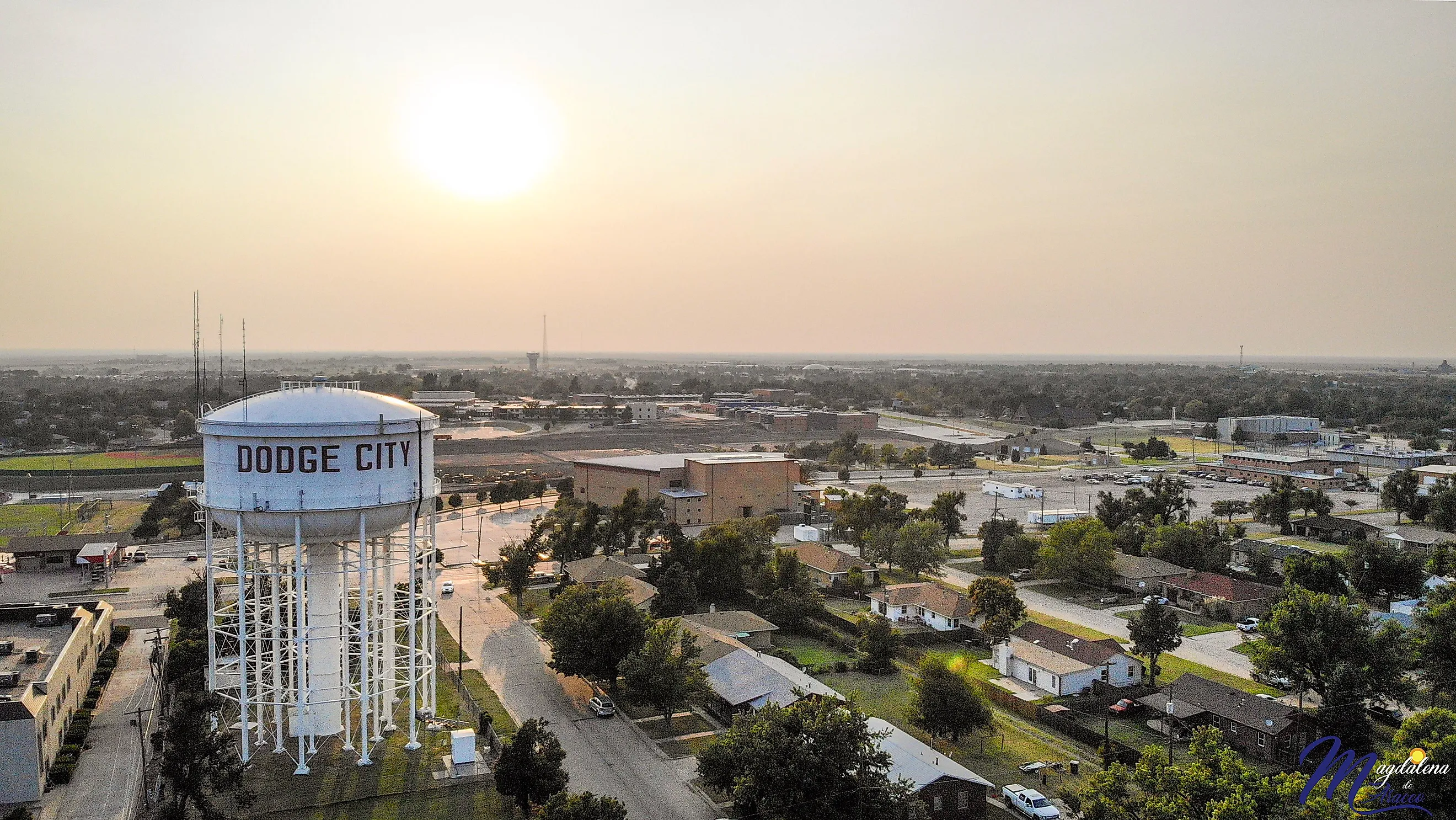 Water tower in downtown Dodge City, Kansas. Image credit Eduardo Medrano via Shutterstock.com