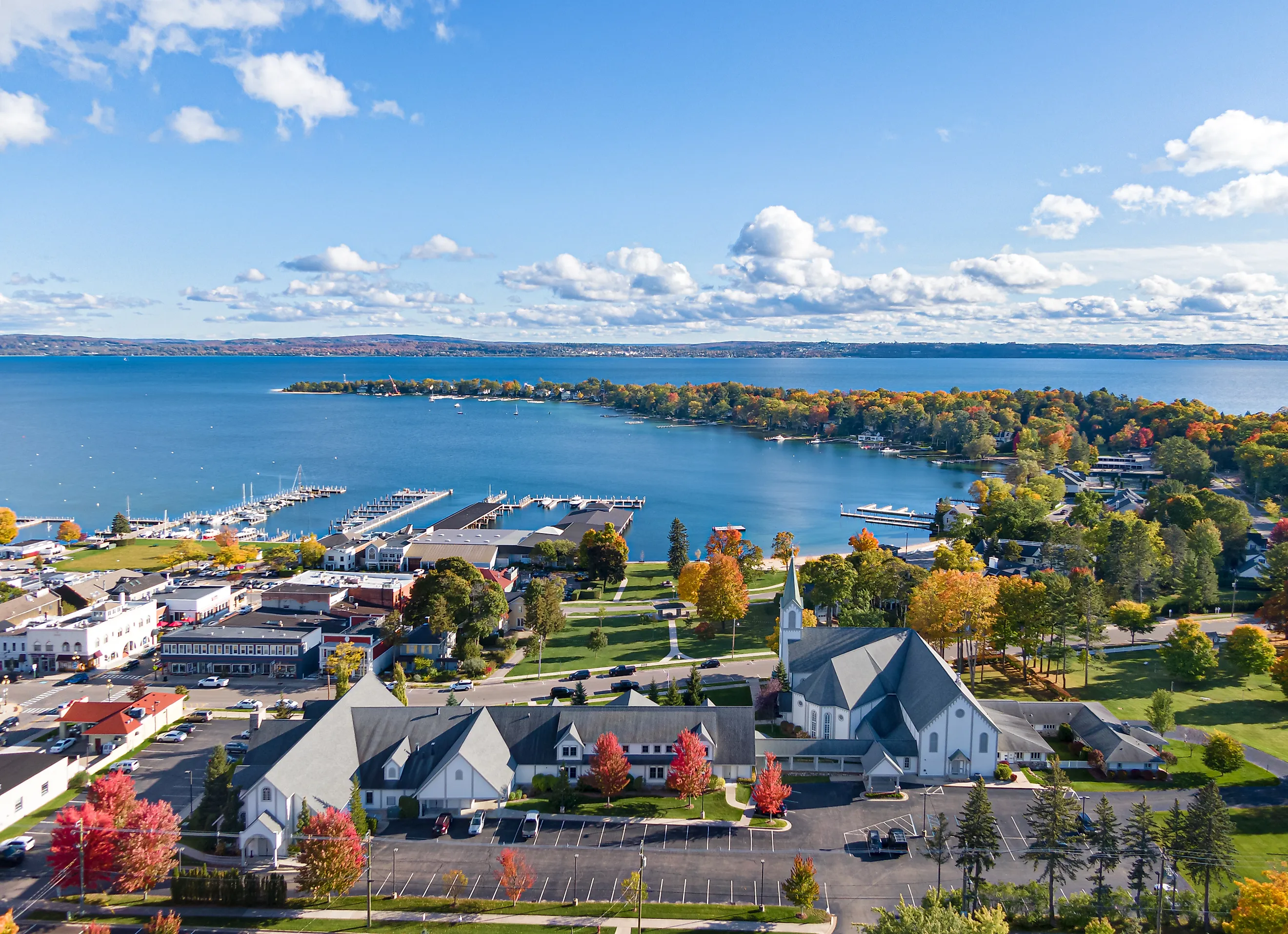 Aerial view of Harbor Springs, Michigan, on a sunny autumn day