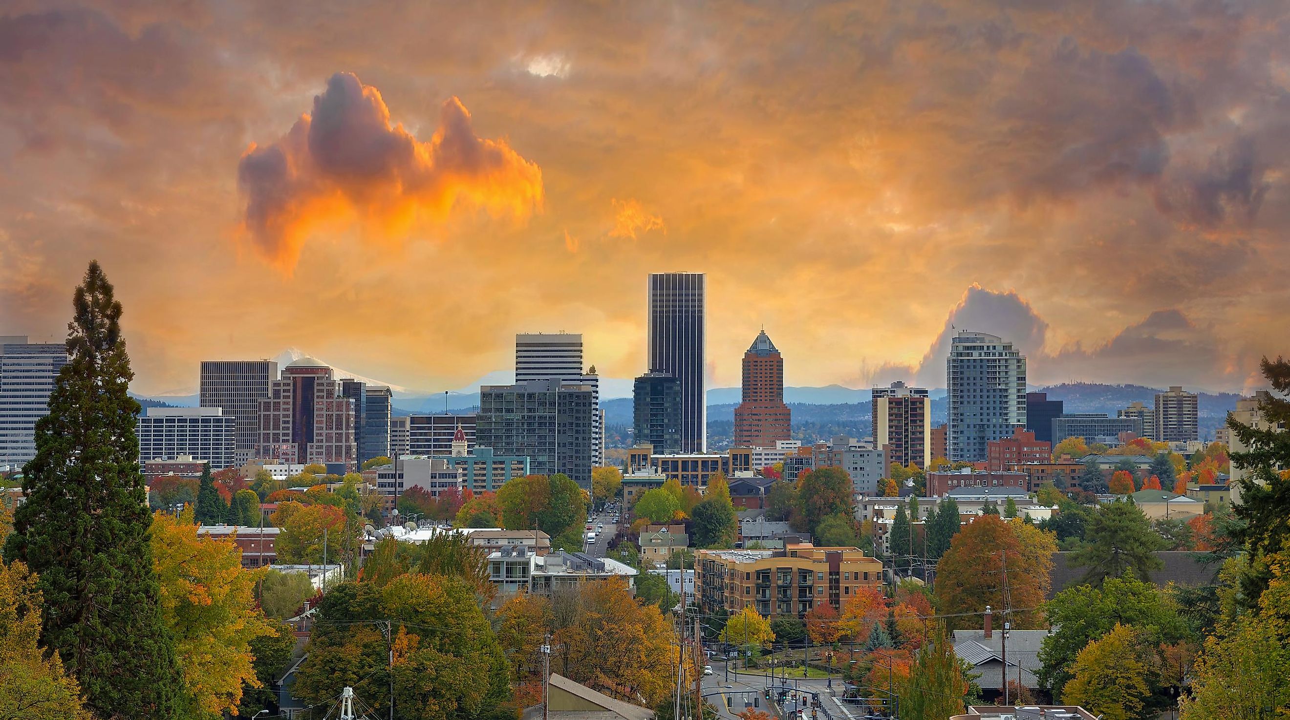 Portland Oregon Downtown City During Sunset in the Fall Season