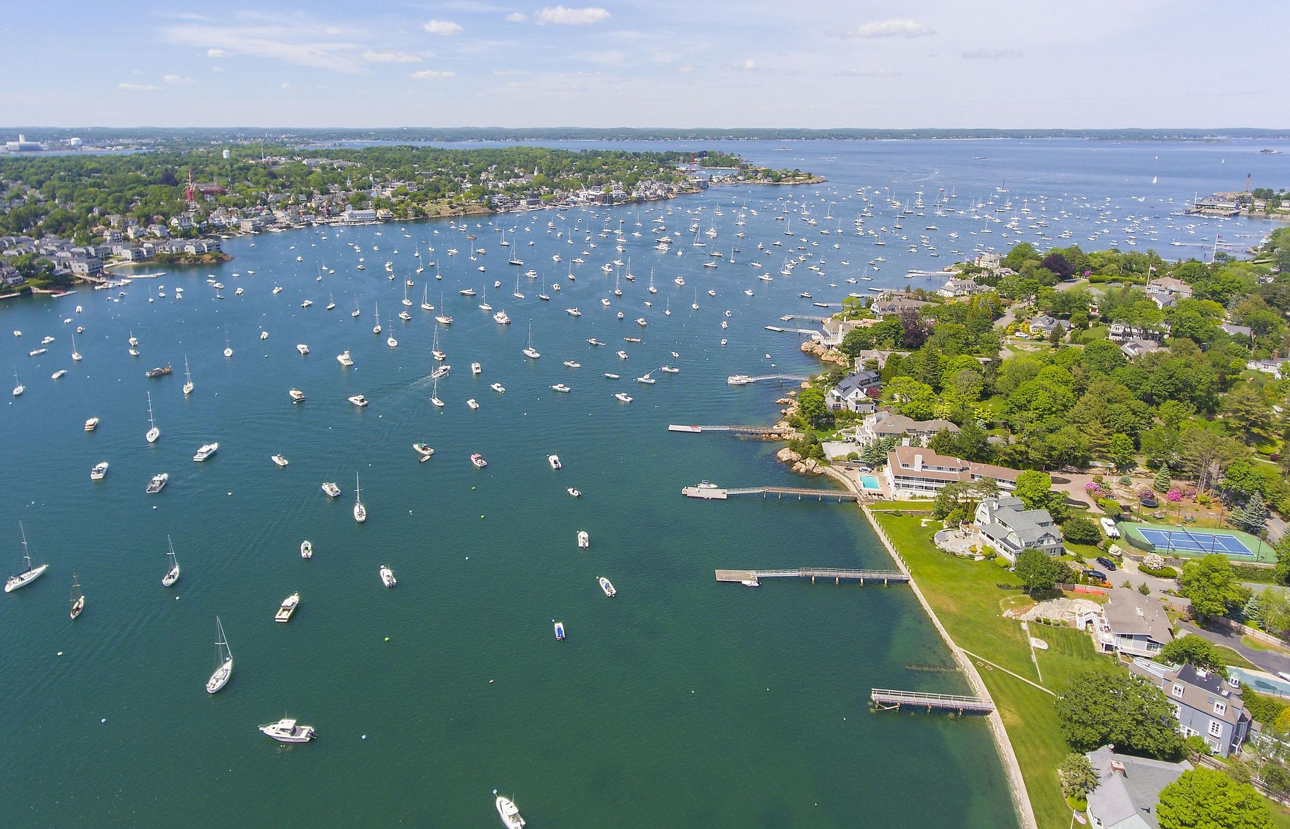 Aerial view of Beverly Port Marina at Sandy Point in city of Beverly, Massachusetts