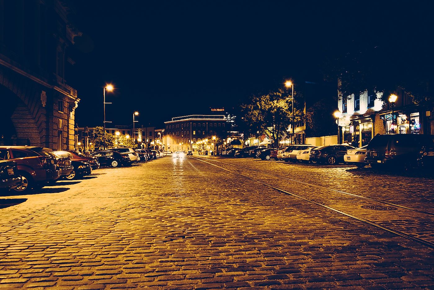 Cobblestone street in Fells Point at night, Baltimore, Maryland. Image credit: ESB Professional/Shutterstock.com