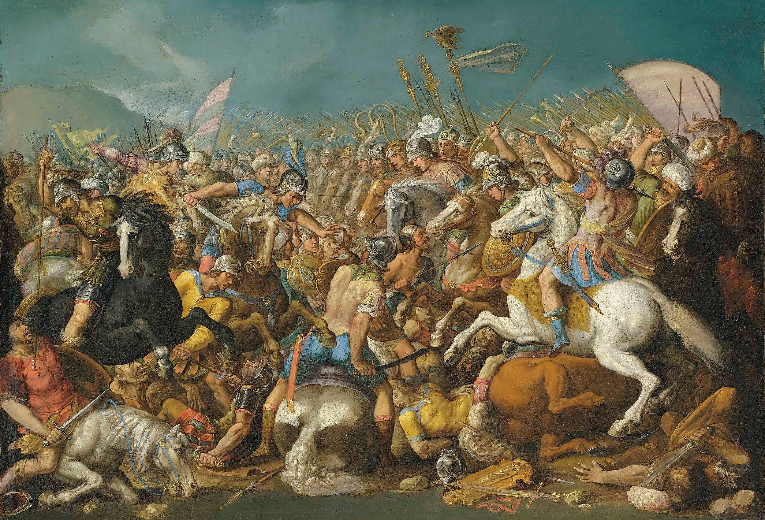 A classical battle scene depicting the Roman army during the Punic Wars, likely showing Scipio Africanus defeating Hannibal (c. 202 BCE).