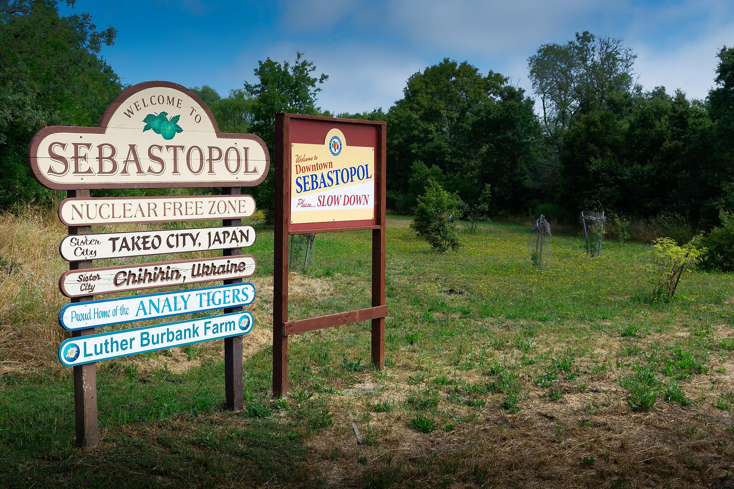 Welcome signs for Sebastopol, California. Shutterstock.com