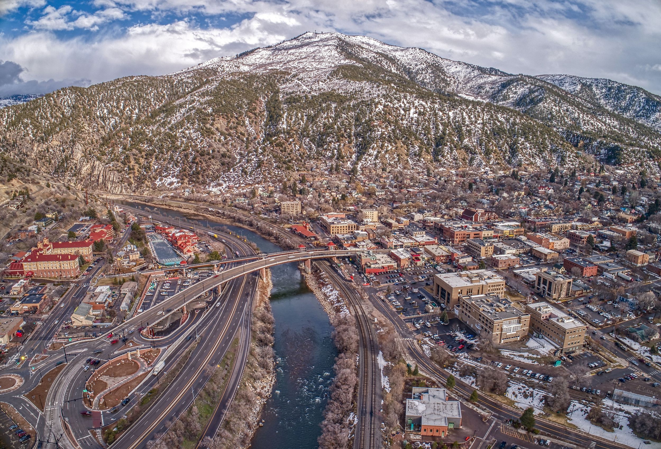 Aerial view of Glenwood Springs, a community in the mountains where two rivers meet.
