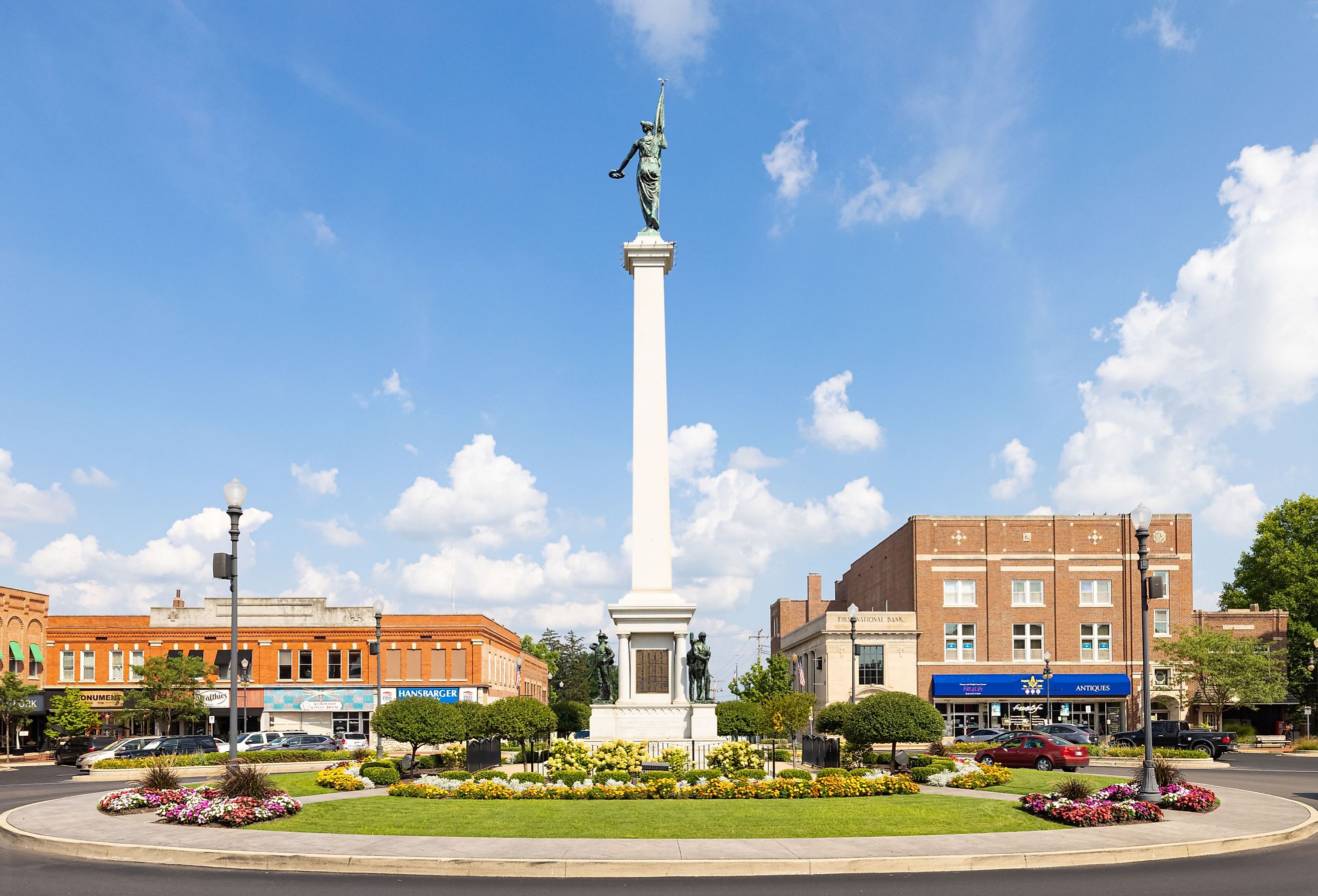 Angola, Indiana, the Steuben County Soldiers Monument in downtown, with the old business district buildings. Image credit Roberto Galan via Shutterstock