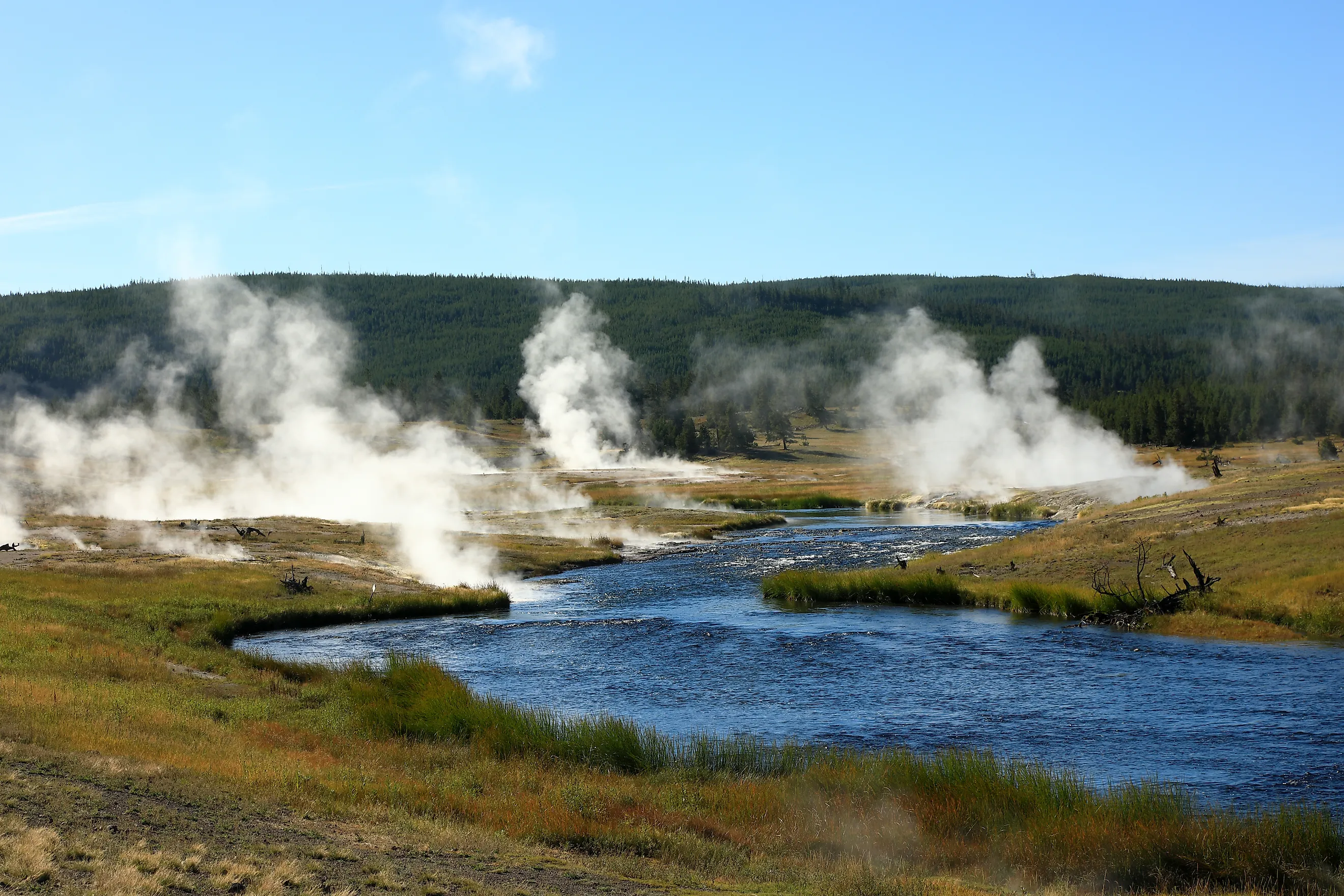 Water vapor in the morning at Firehole River near Midway Geyser Basin, Yellowstone National Park, Wyoming. 