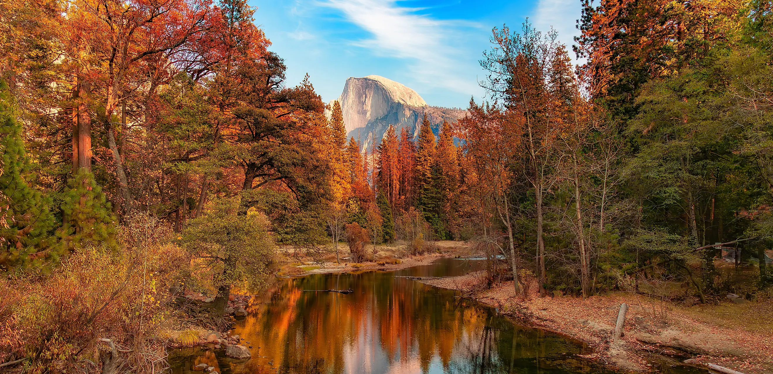 Colorful Trees, with a river and mountains in Yosemite National Park, California