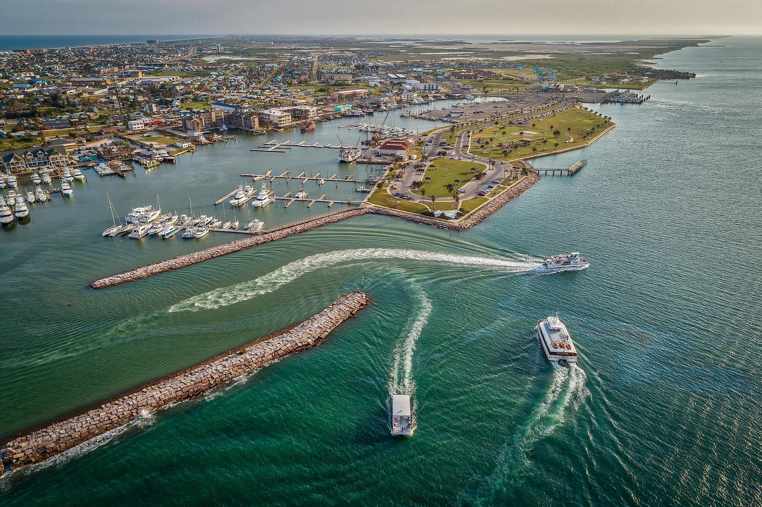 Aerial view of Port Aransas, Texas Marina with town and ocean.