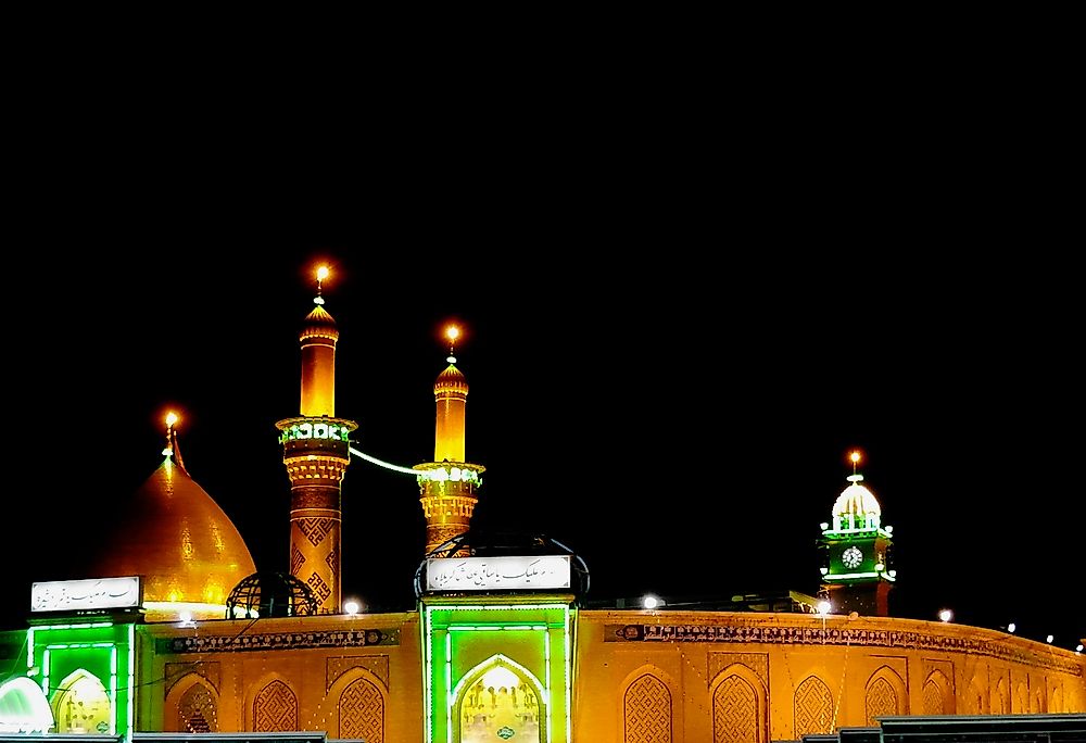 The shrine of Imam Hussain at night.