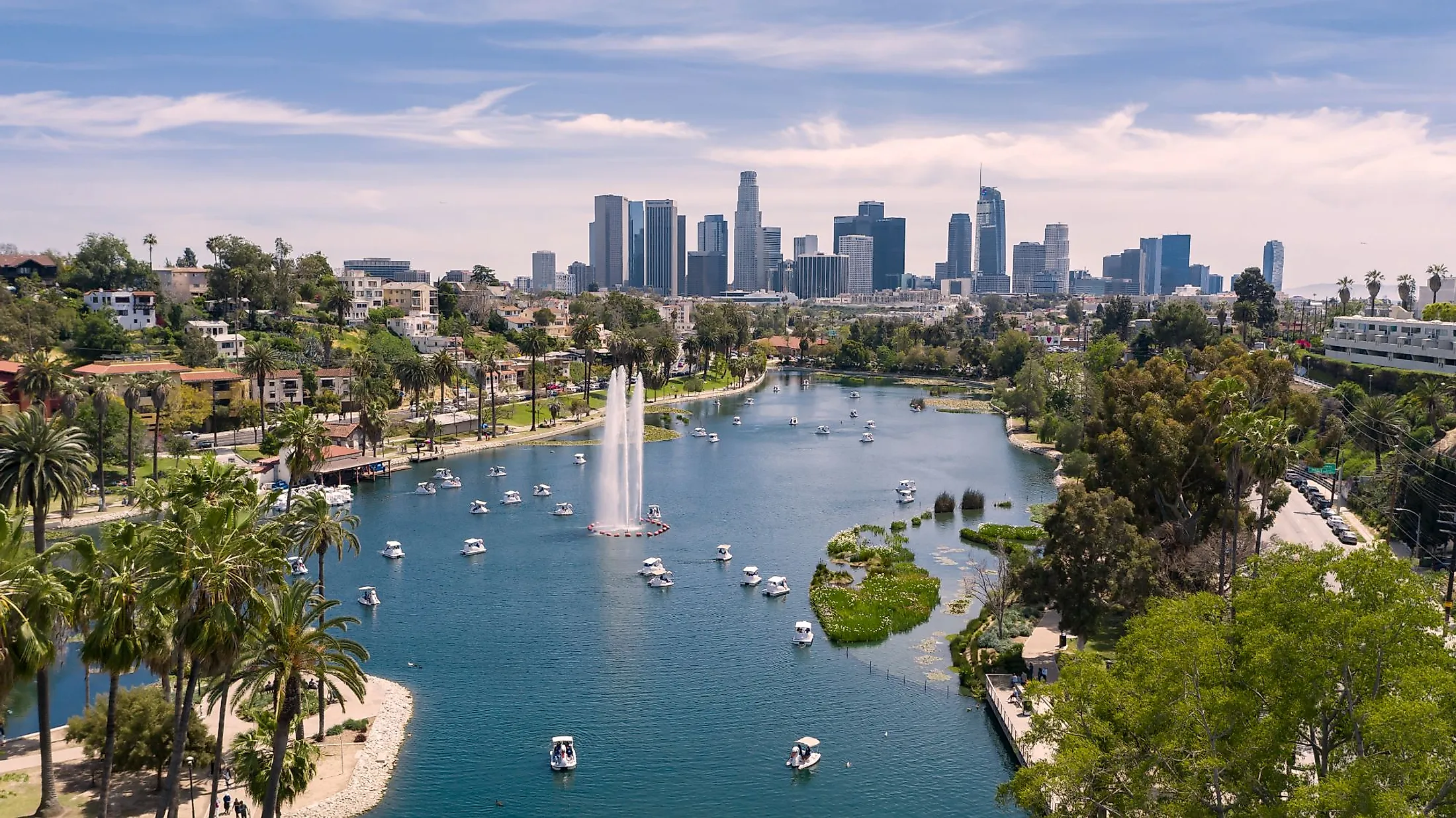 Aerial view of Echo Park with downtown Los Angeles skyline.