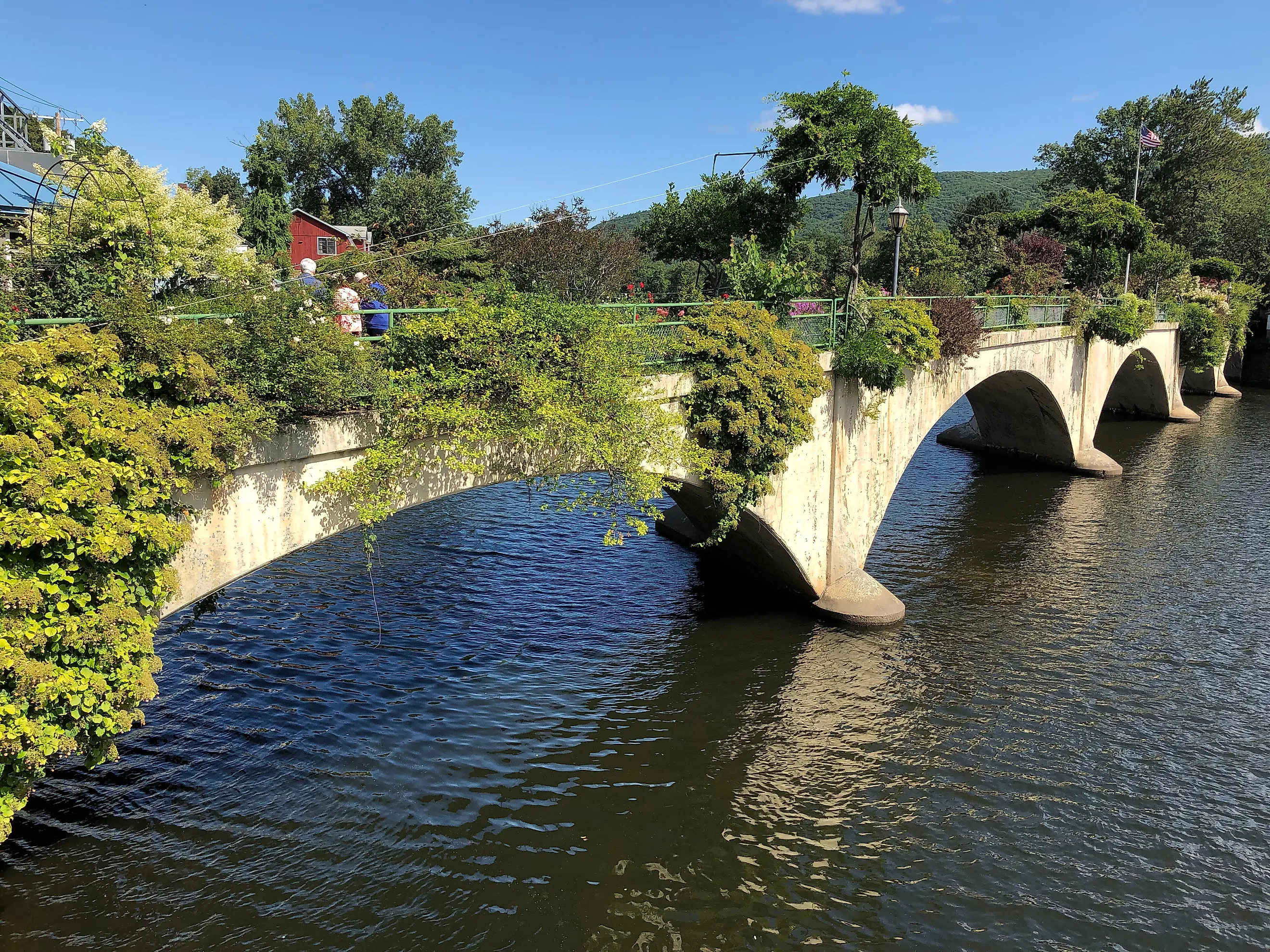 Hanging greenery on the Buckland Side of the Bridge of Flowers in Shelburne Falls, Massachusetts.