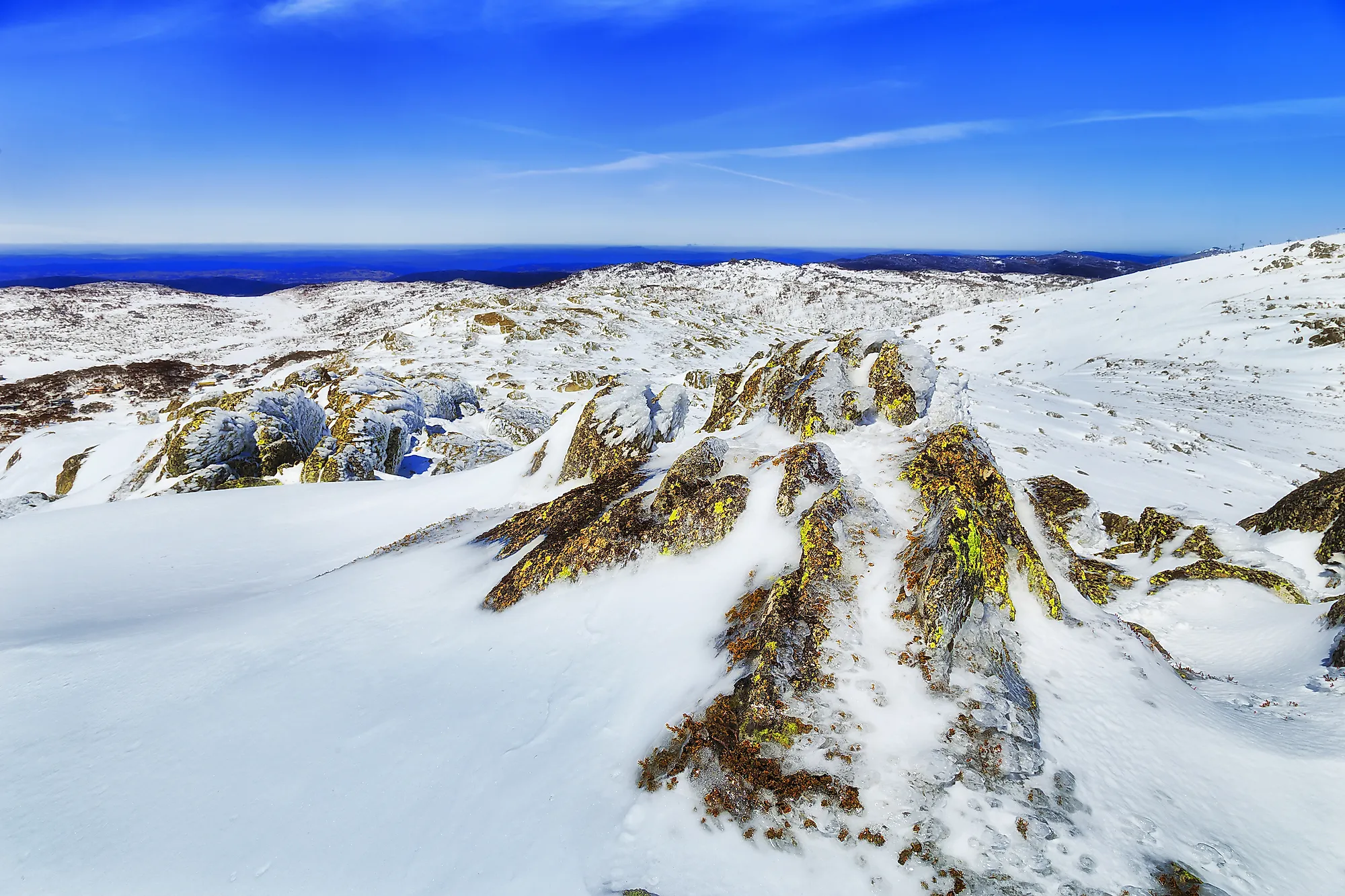 Moss covered rocks on top of Back Perisher Mountain in the Snowy Mountains of Kosciuszko national park, NSW, Australia.