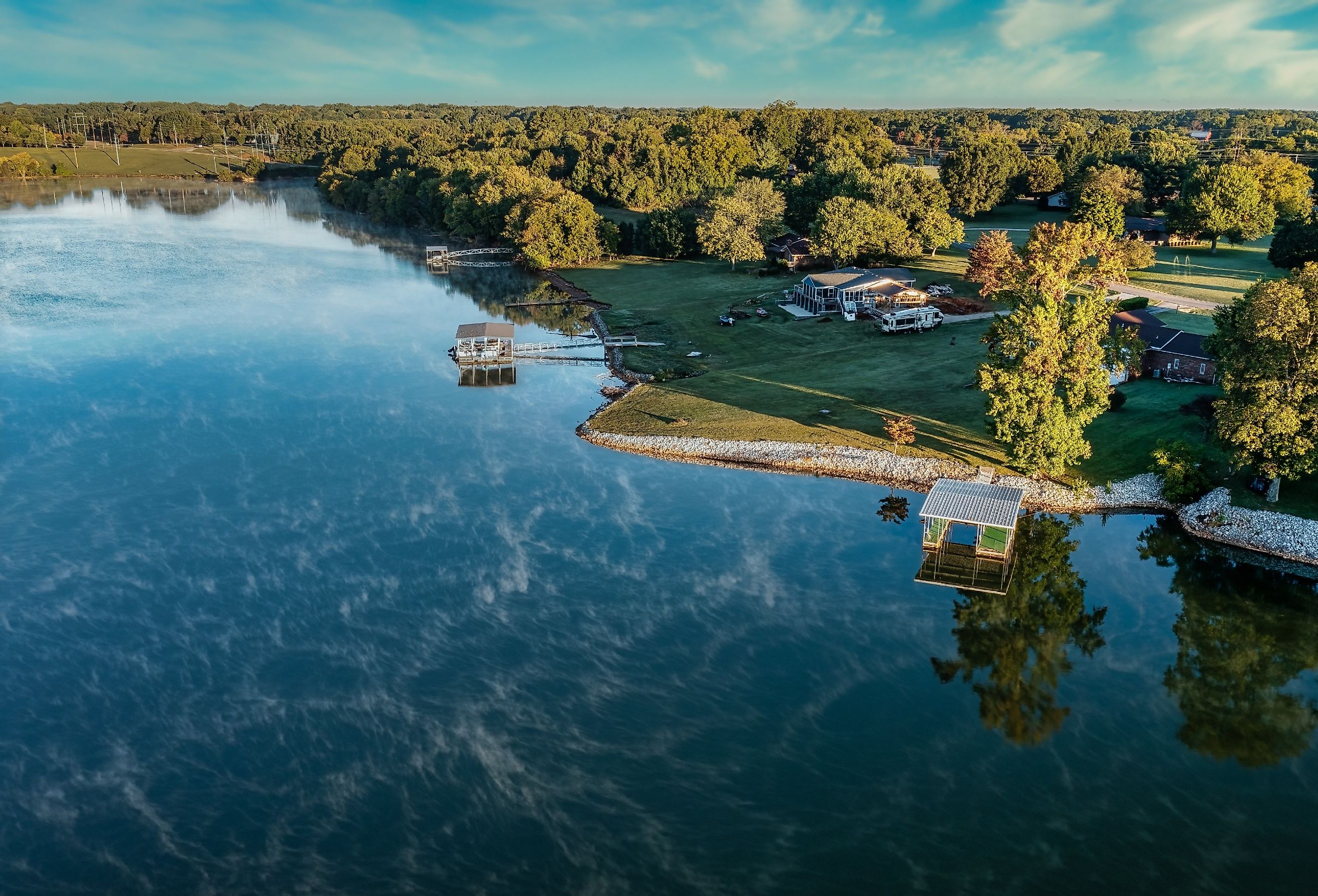 Aerial view of lake homes and boat houses on beautiful Tims Ford Lake in Winchester Tennessee.
