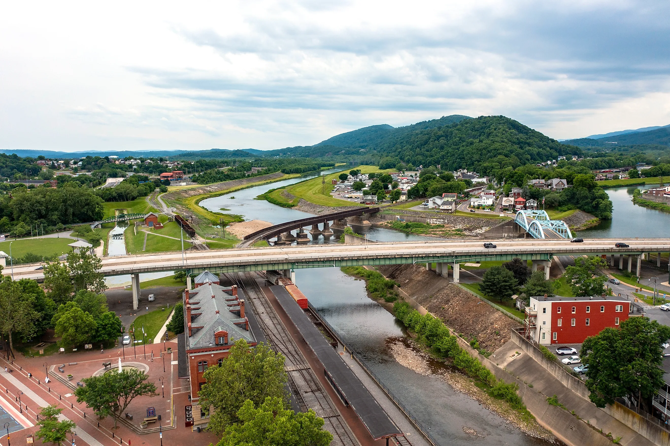 Aerial view of the Potomac River in Cumberland, Maryland.