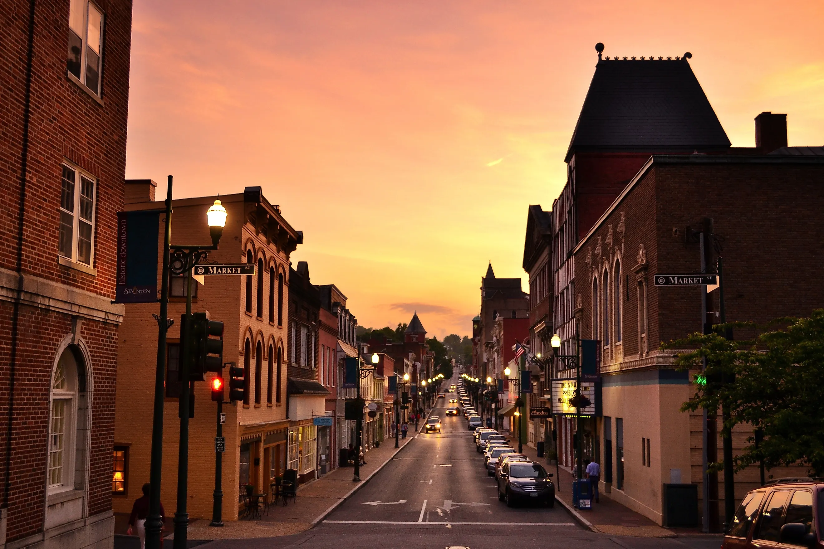 Downtown Historic Staunton at sunset. Editorial credit: MargJohnsonVA via Shutterstock.com