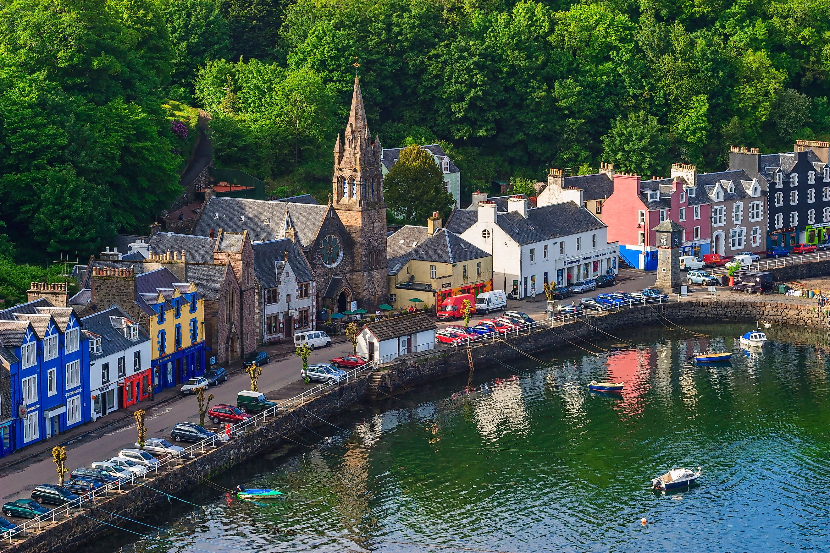 High angle view at Tobermory village, Scotland coast. 