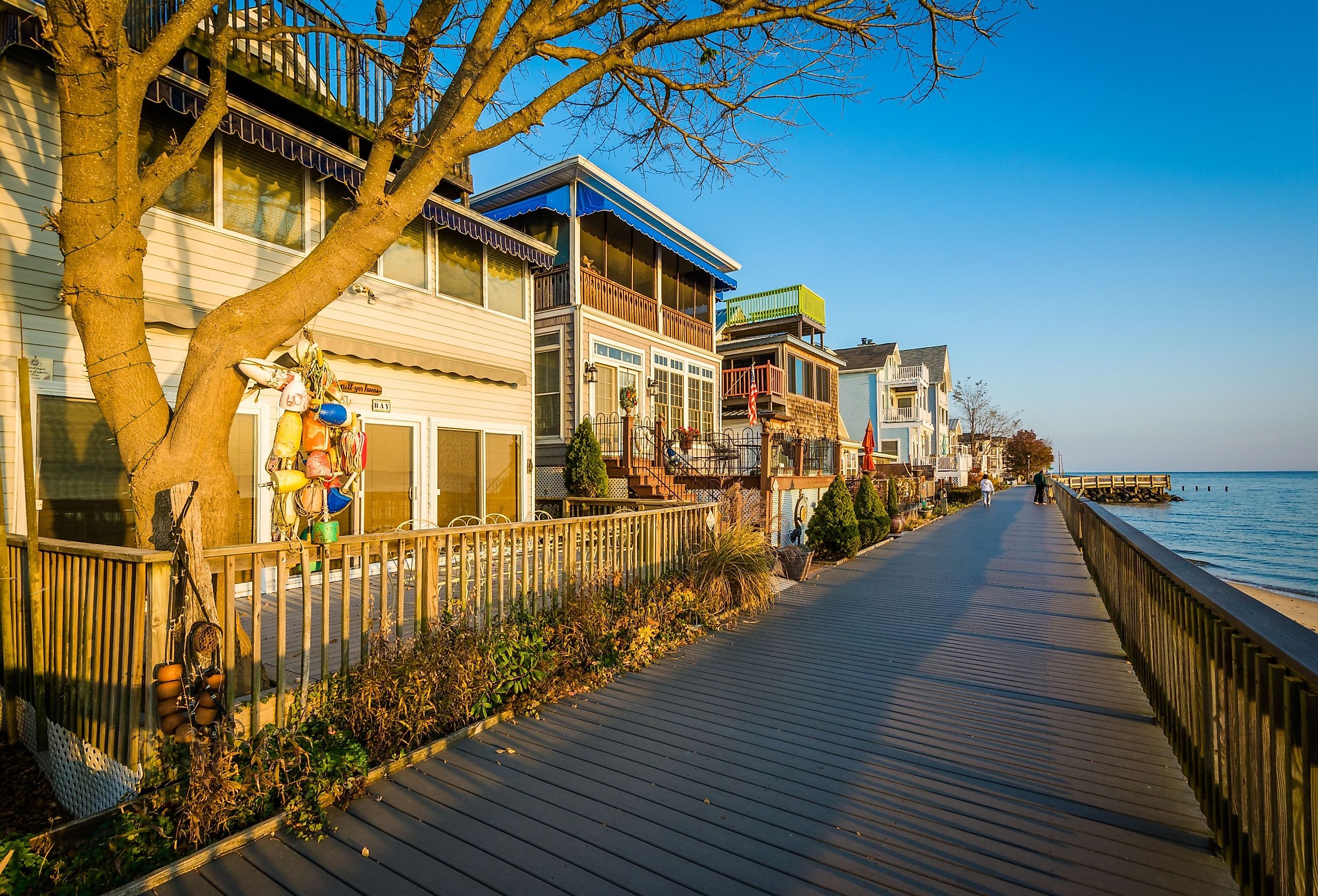 Waterfront houses and a boardwalk in North Beach, Maryland.