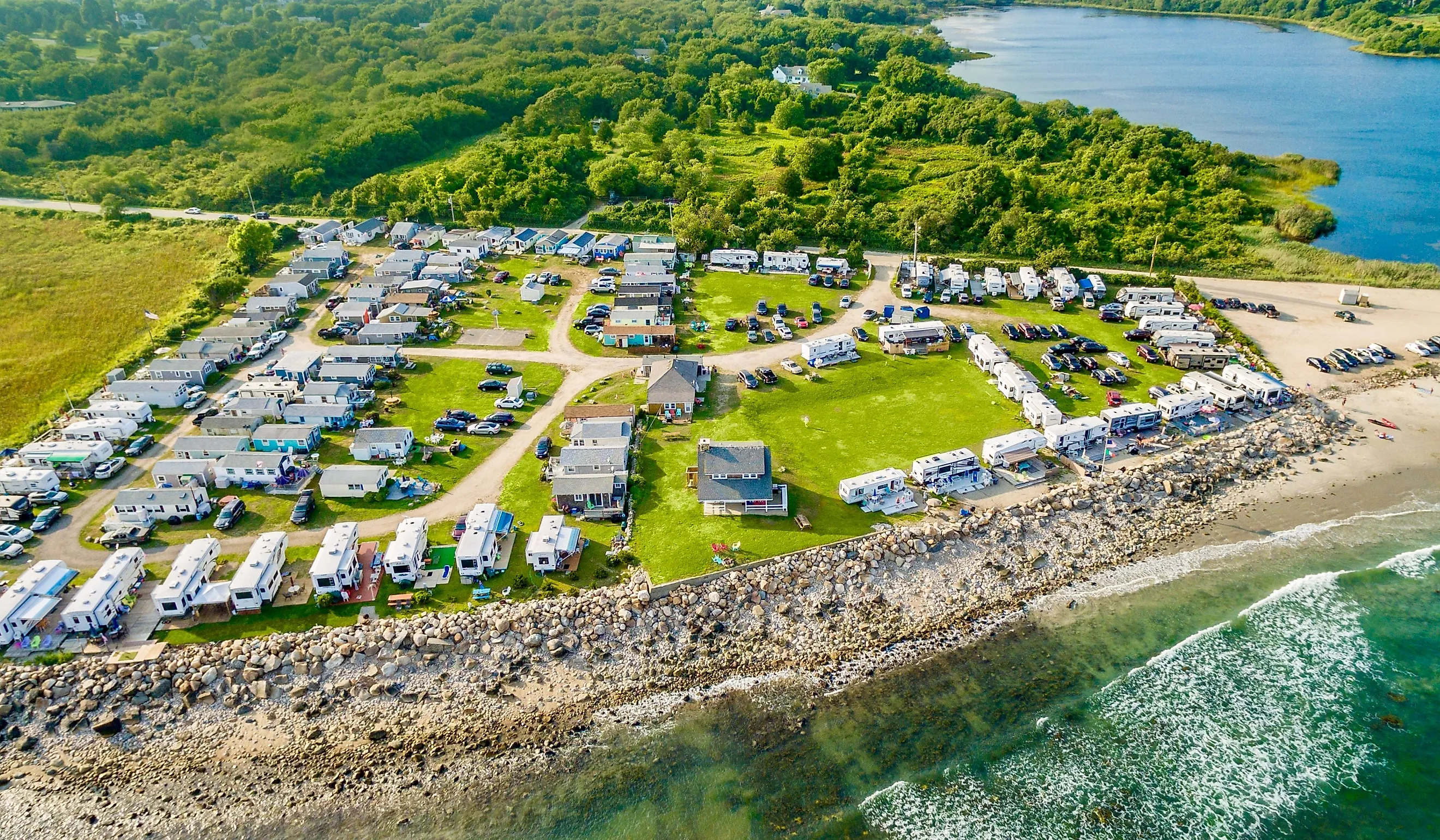 Aerial view of a large campground along the coast in Little Compton, Rhode Island.
