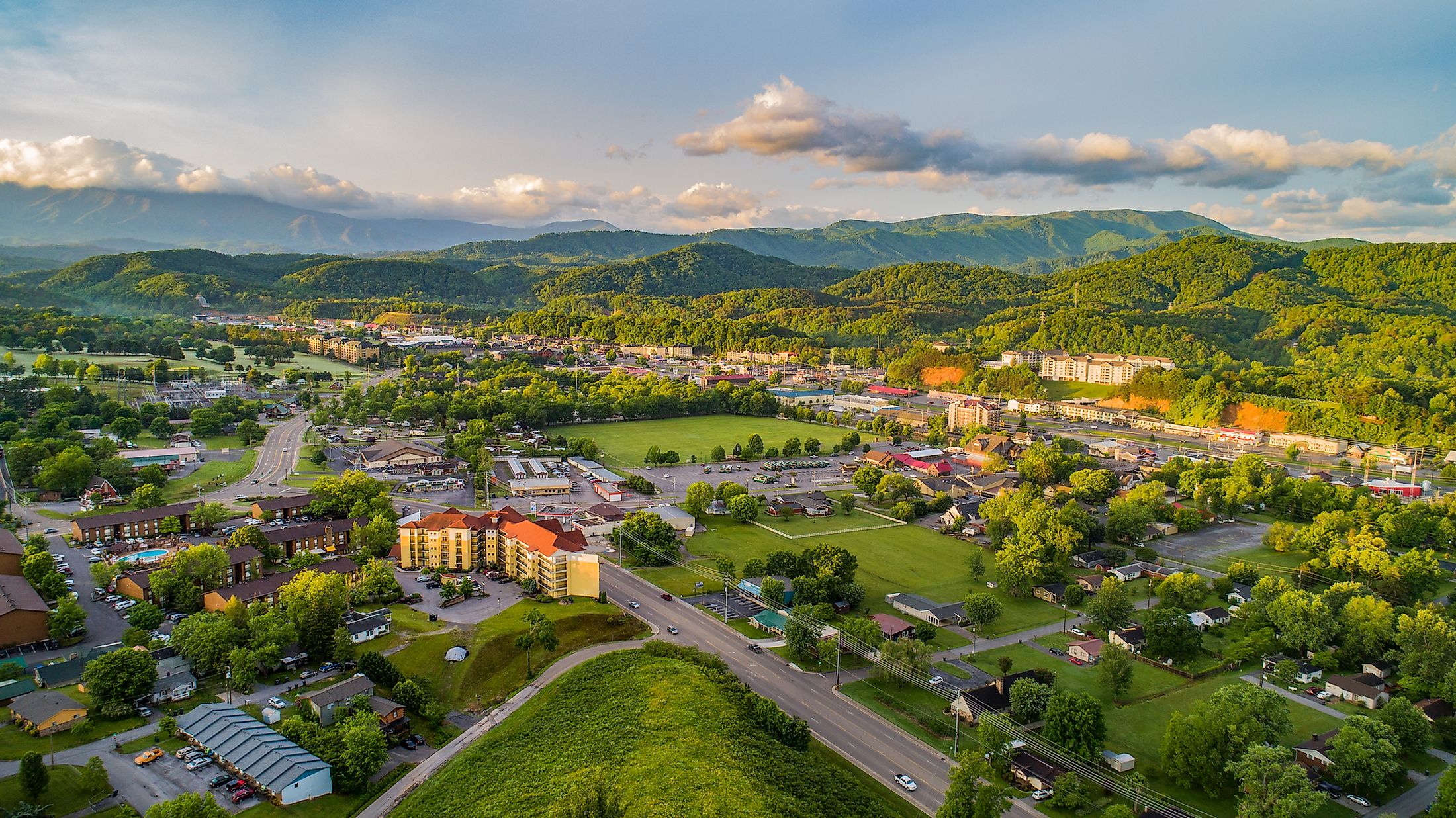 Aerial view of Pigeon Forge and Sevierville, Tennessee. 