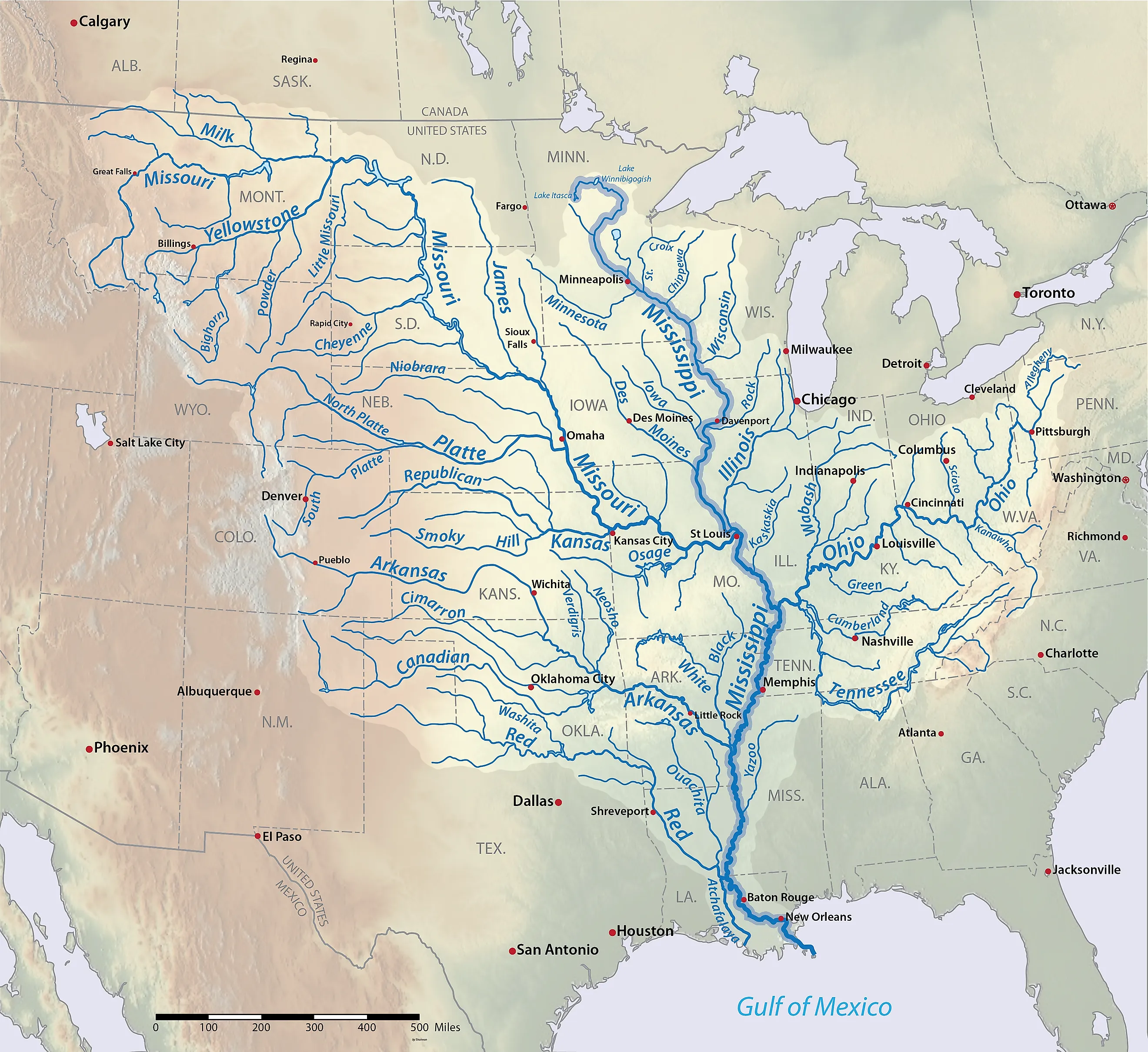 The Mississippi drainage basin includes the Missouri and the Mississippi rivers, the two longest main-stem rivers in the United States, By Shannon1 - Own work, https://creativecommons.org/licenses/by-sa/4.0, https://commons.wikimedia.org/w/index.php?curid