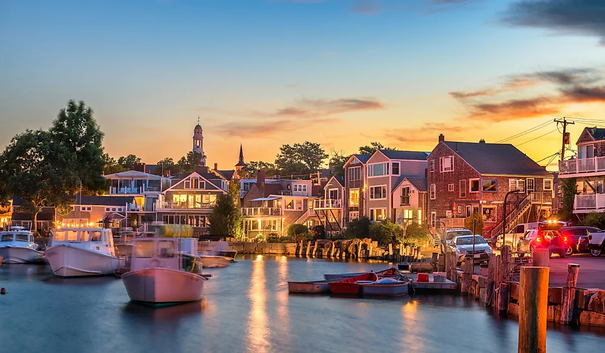 Rockport, Massachusetts, downtown and harbor view at dusk.