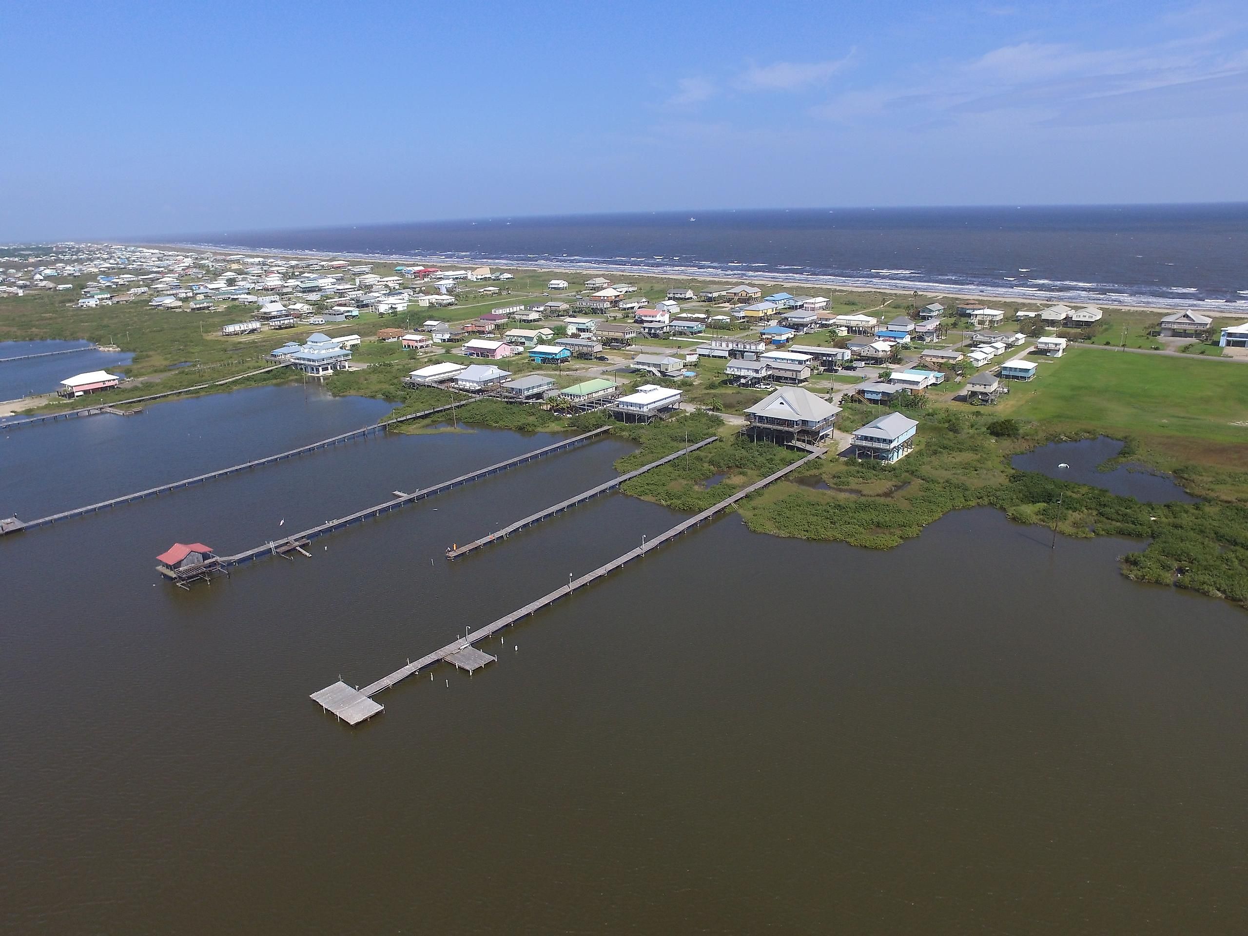 Aerial view of the coast along Grand Isla, Louisiana.