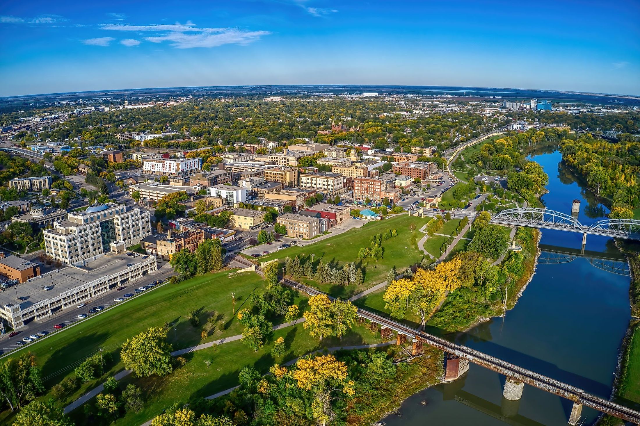 Aerial view of Grand Forks, North Dakota, in autumn. 