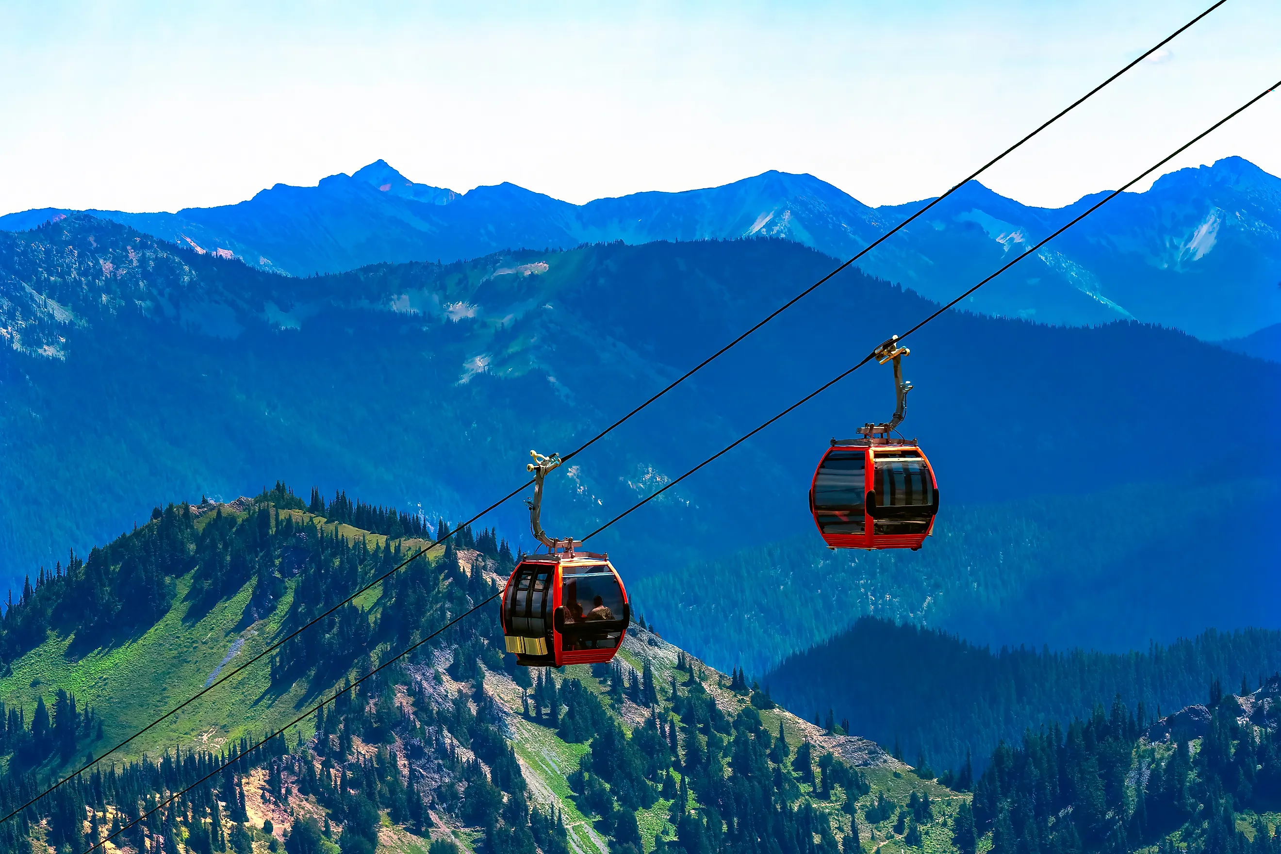 Red Gondolas, Crystal Mountain Alpine Ski Area, Pierce County, Washington. 