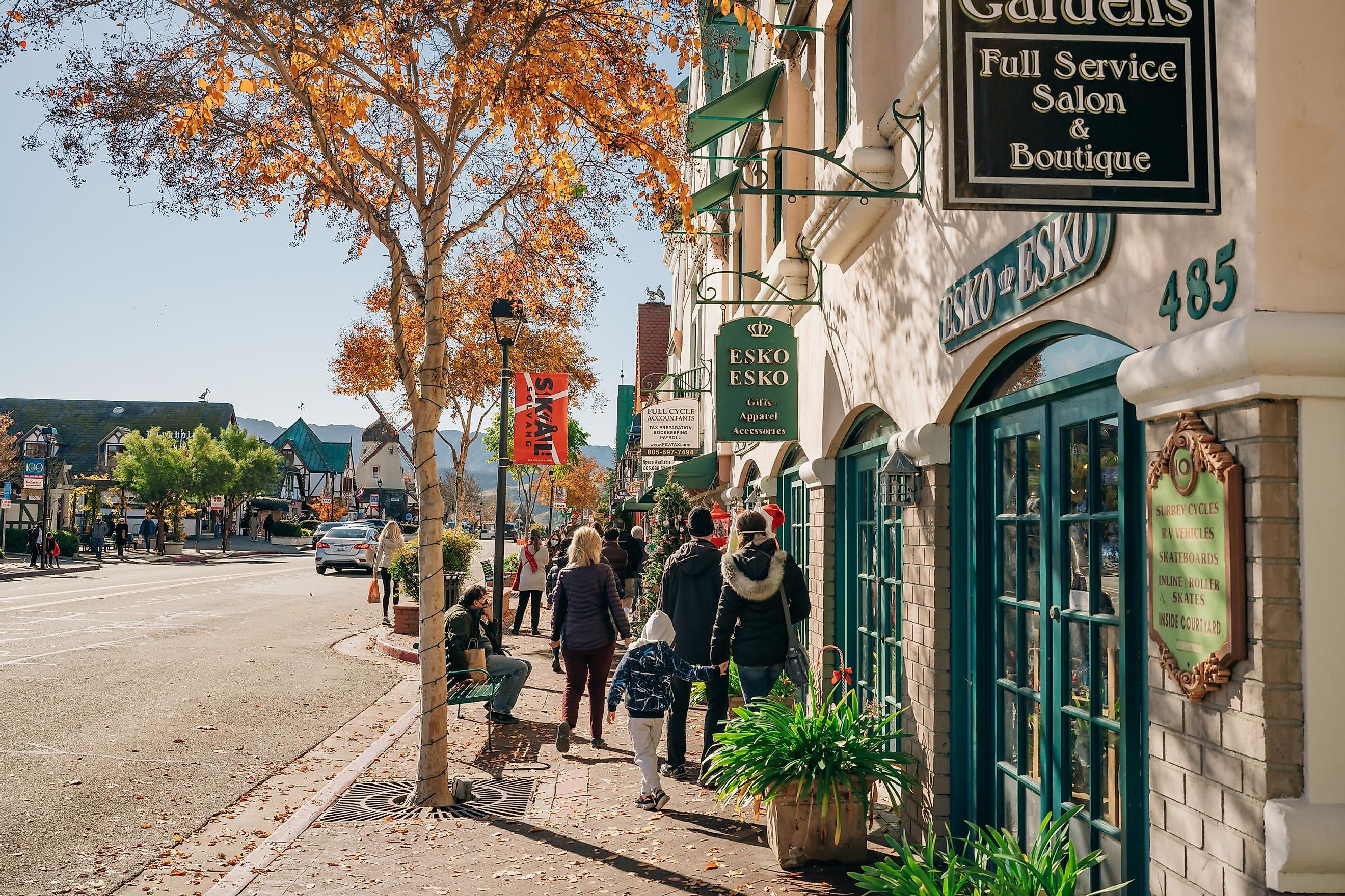 Solvang, street view and city life. City in Southern California`s Santa Ynez Valley