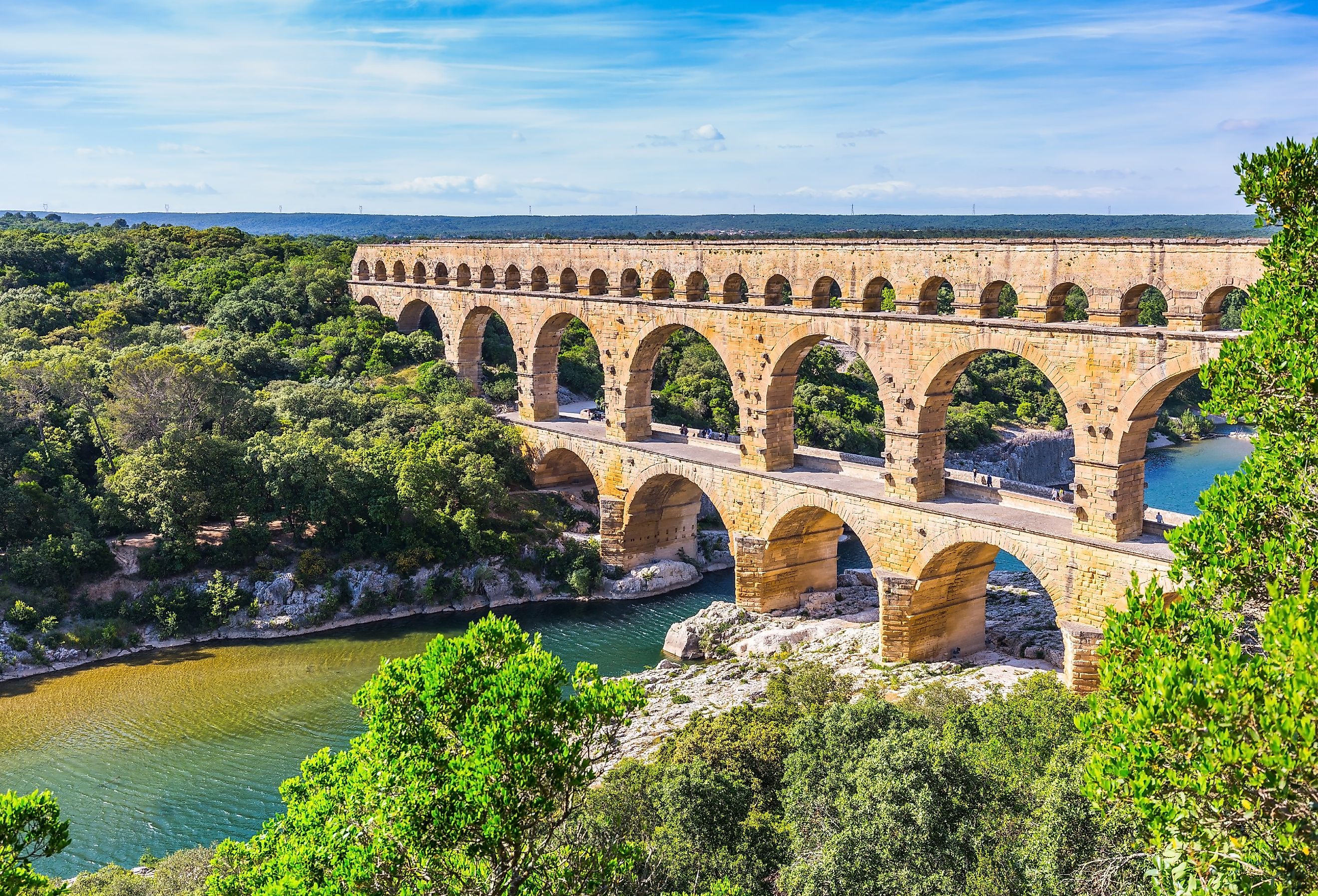 Three-tiered aqueduct Pont du Gard, built in Roman times on the River Gardon.