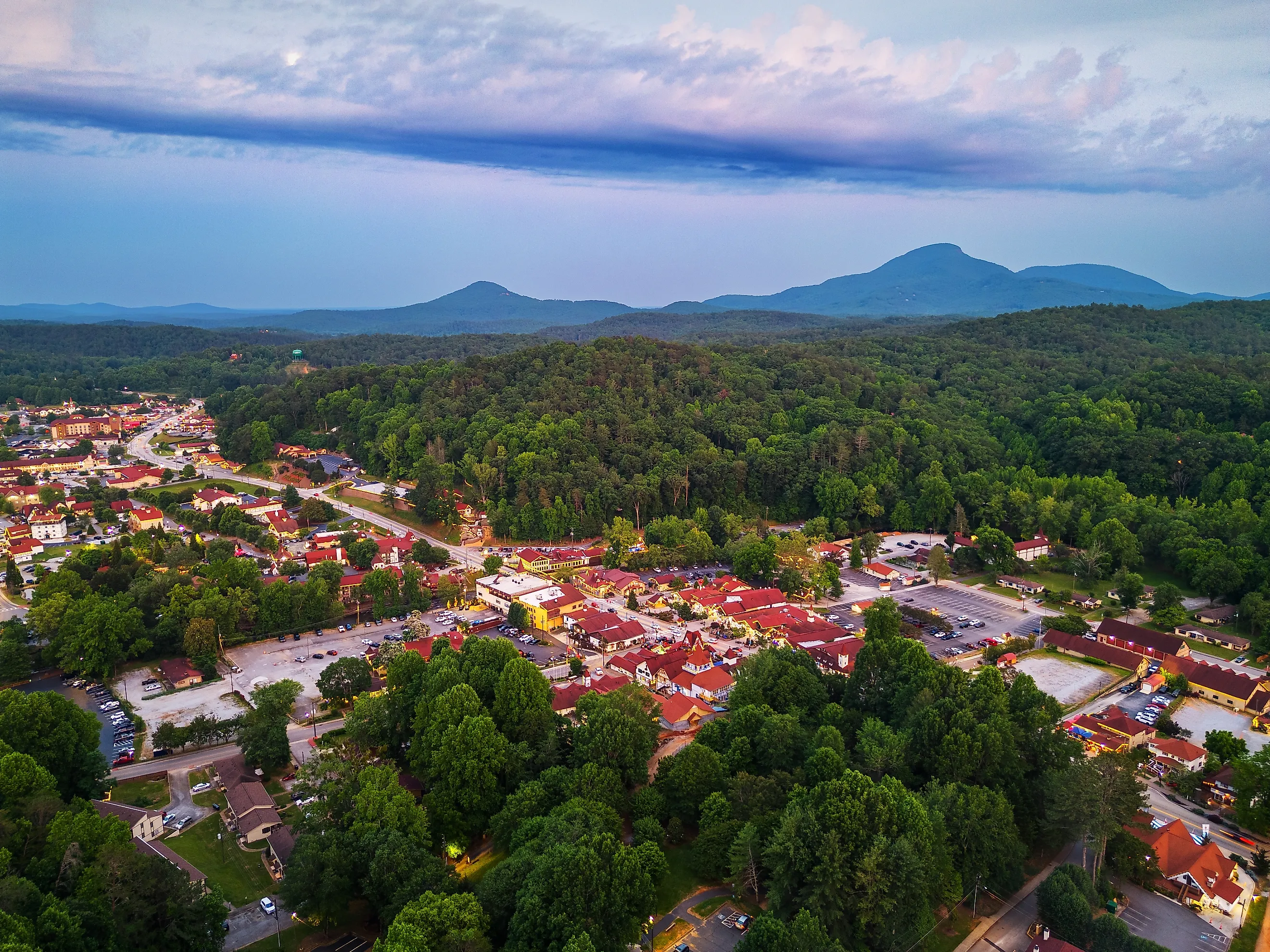 Helen, Georgia, downtown at night with Mt. Yonah in the distance.
