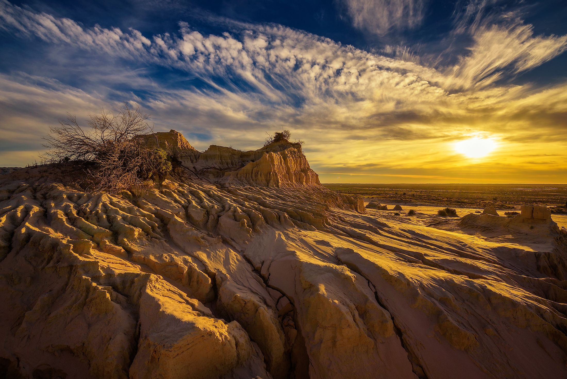Dramatic sunset over Walls of China in Mungo National Park, New South Wales, Australia.
