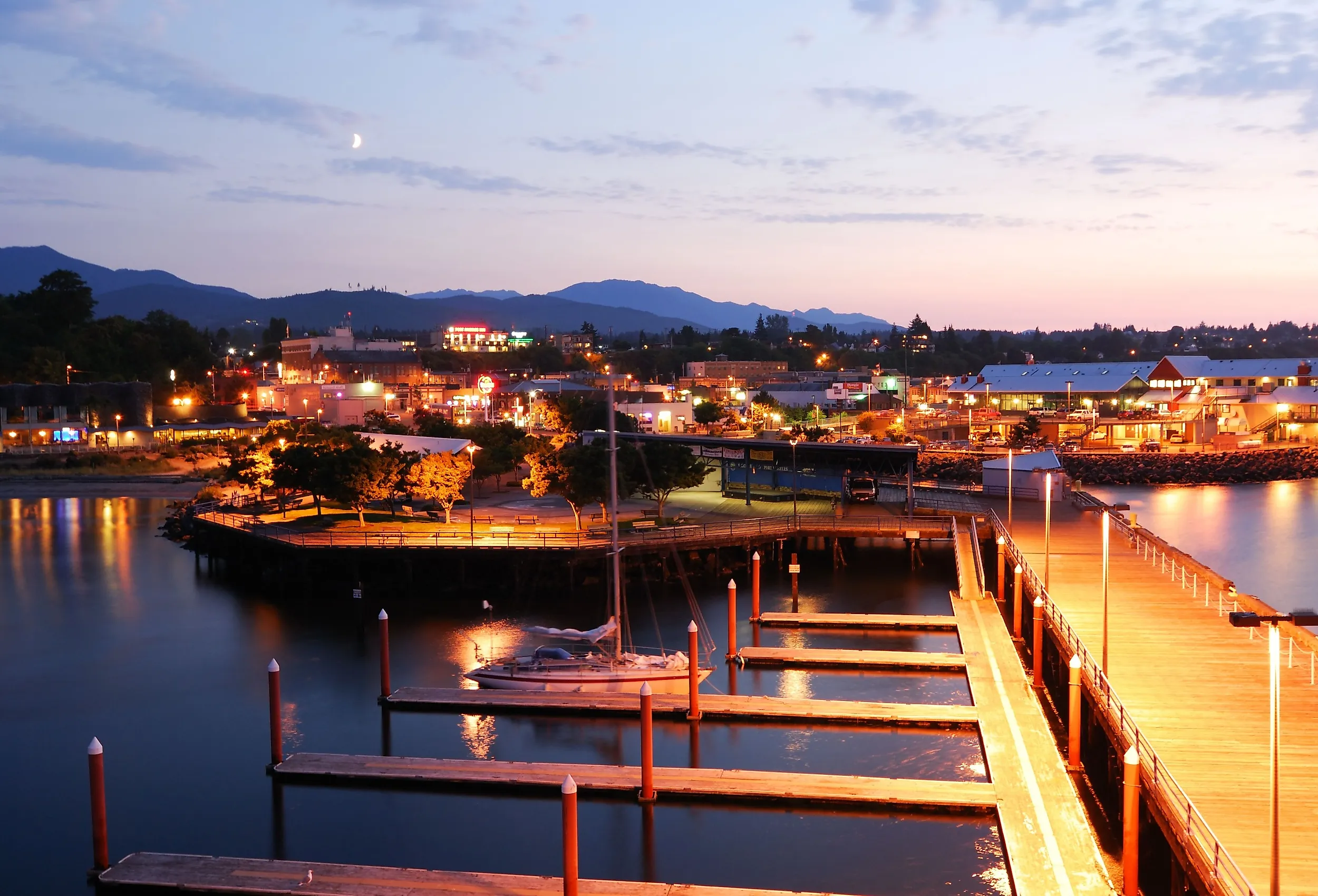 Night scene of Port Angeles in Washington state.