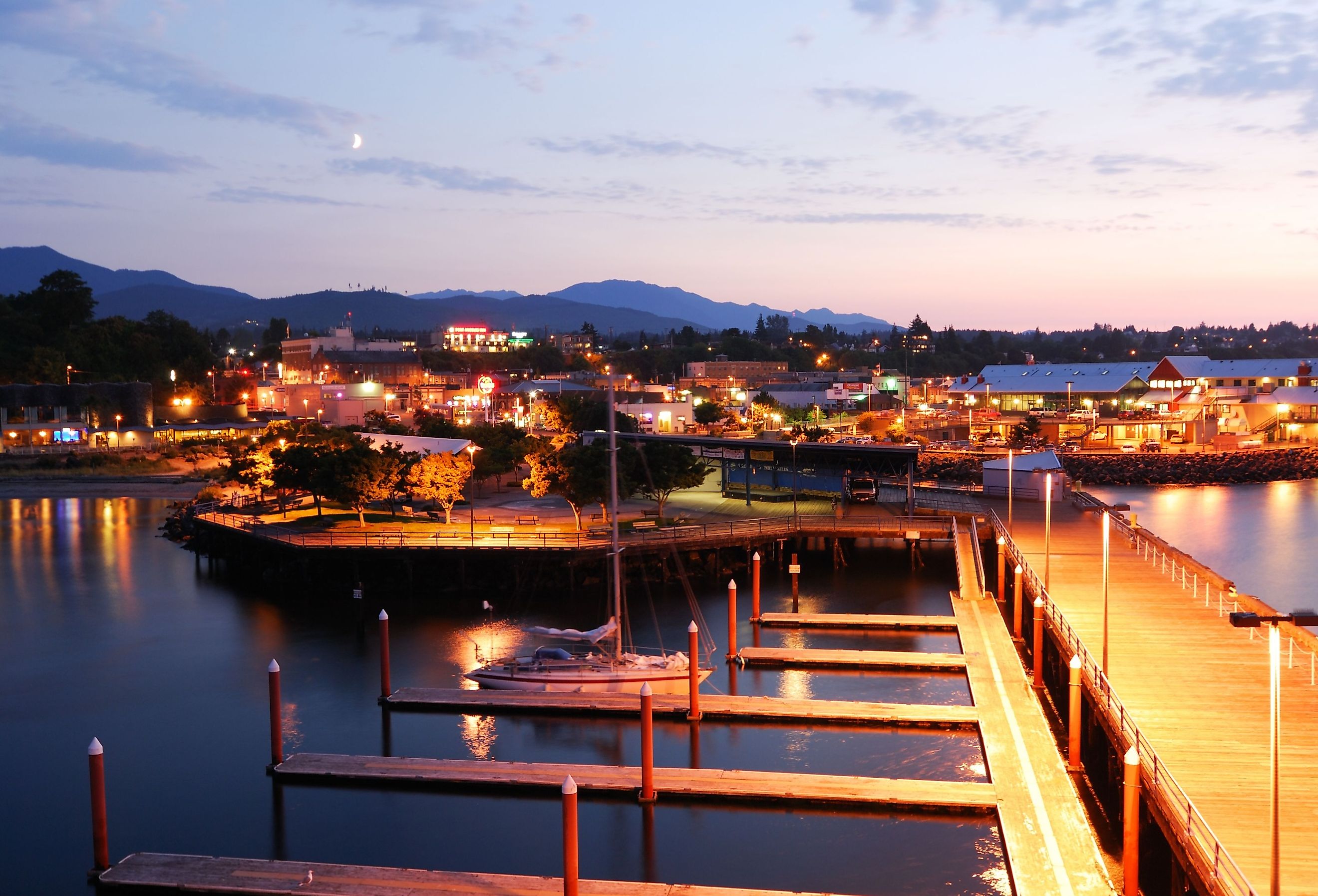 Night scene of Port Angeles in Washington state.