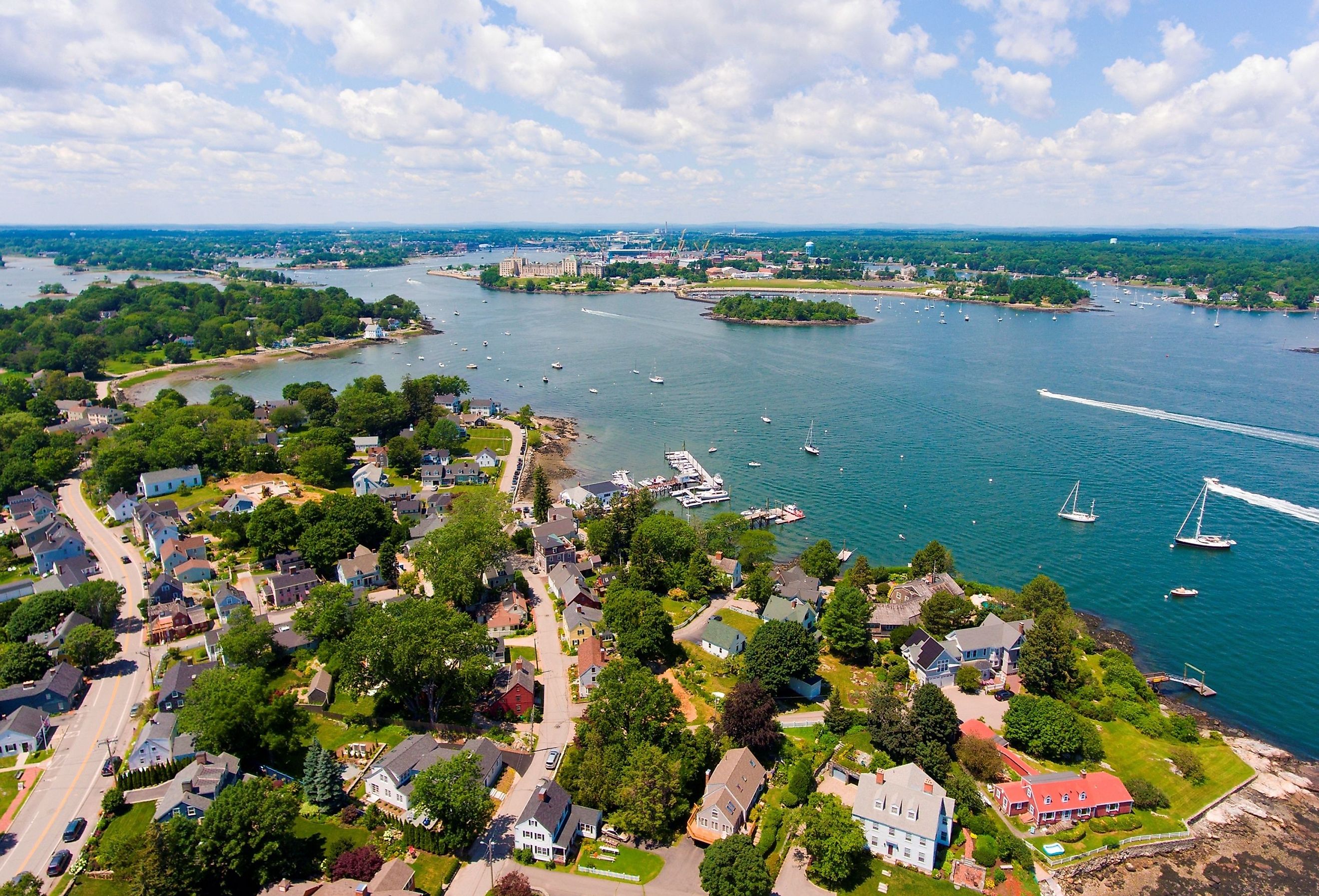 Portsmouth Harbor aerial view in summer, New Castle, New Hampshire.