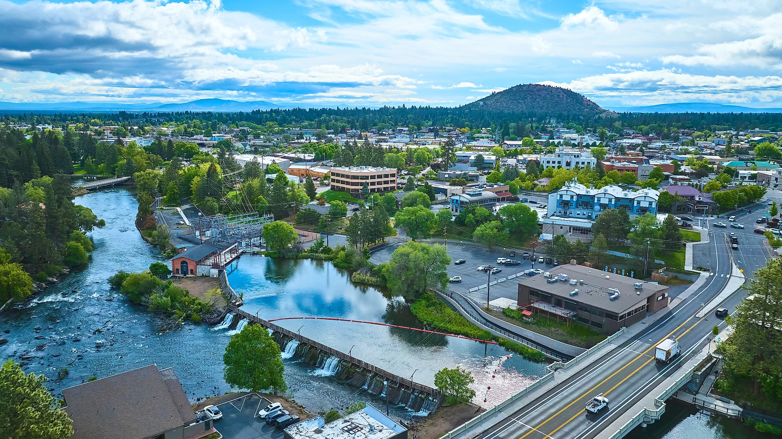 Aerial view of a riverfront community in Bend, Oregon.