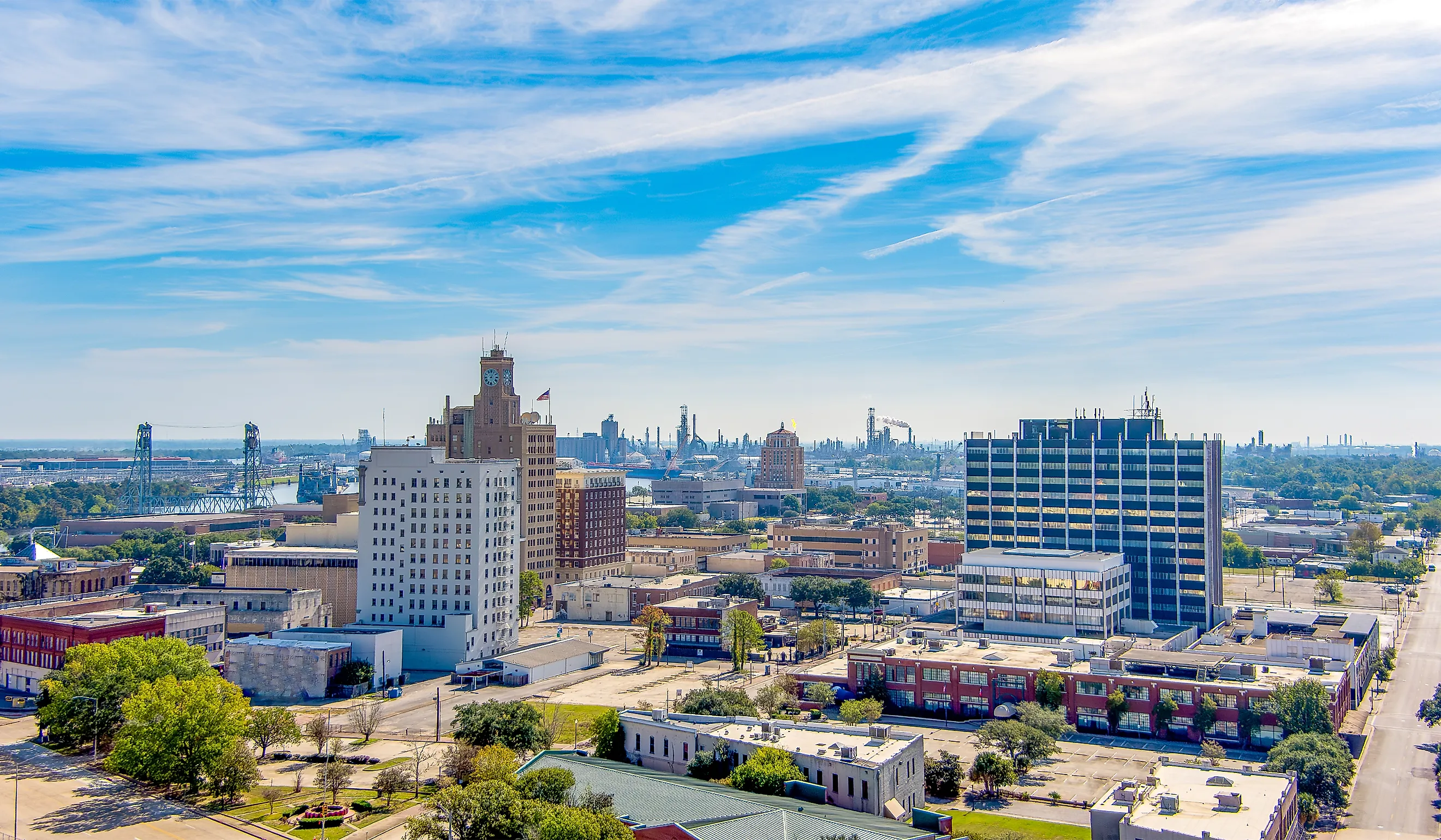 Aerial view of Beaumont, Texas, cityscape with modern and historic building.