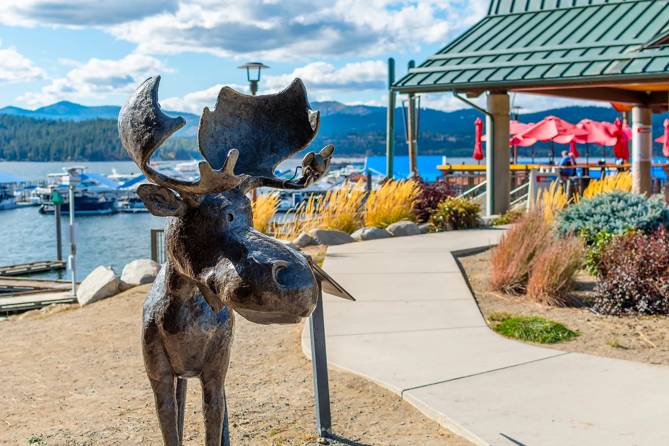 Bronze sculpture of Mudgy the moose on Lake Coeur d'Alene in Coeur d'Alene, Idaho. Editorial credit: Kirk Fisher / Shutterstock.com