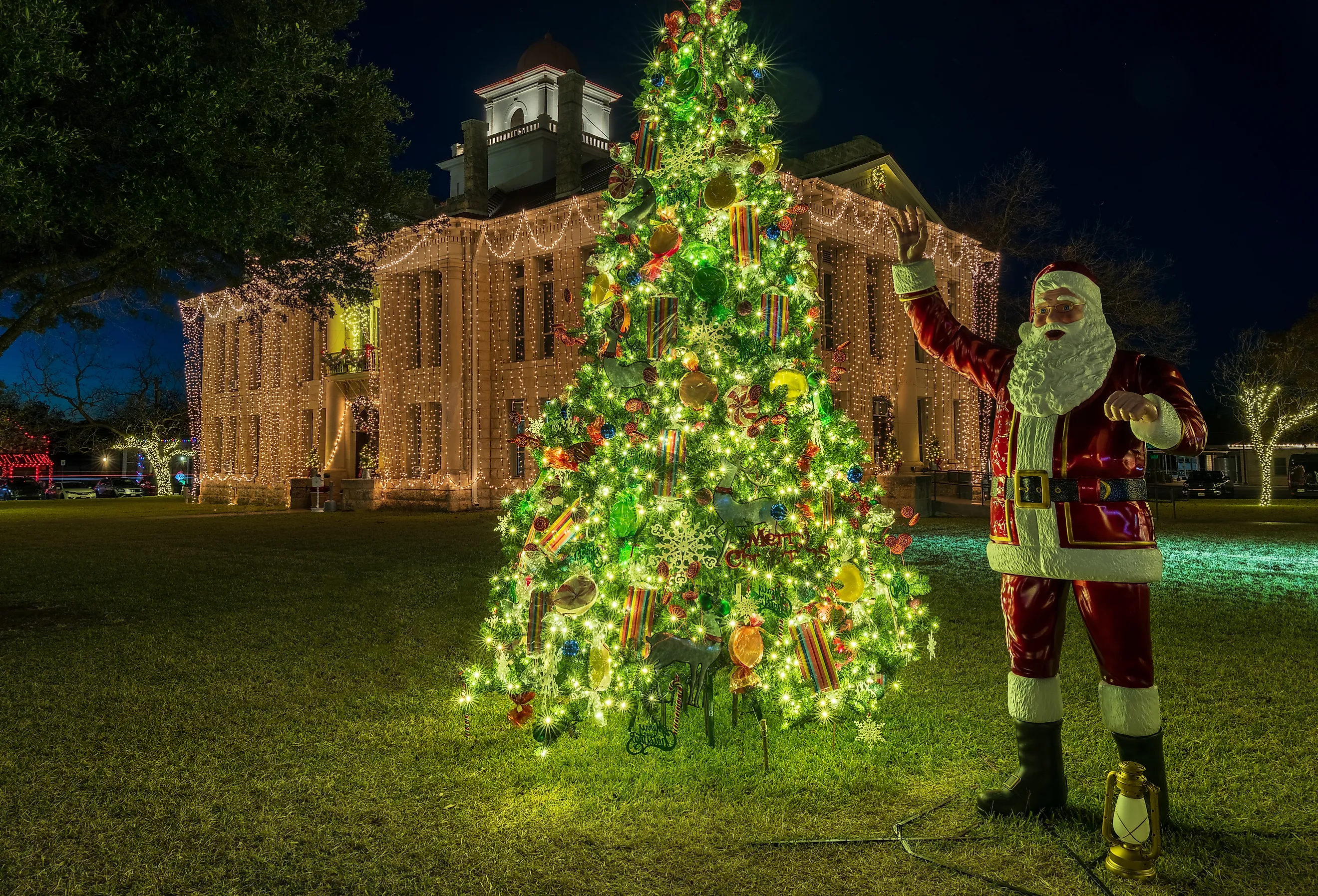 Twinkling lights and decorations around the courthouse in Johnson City, Texas