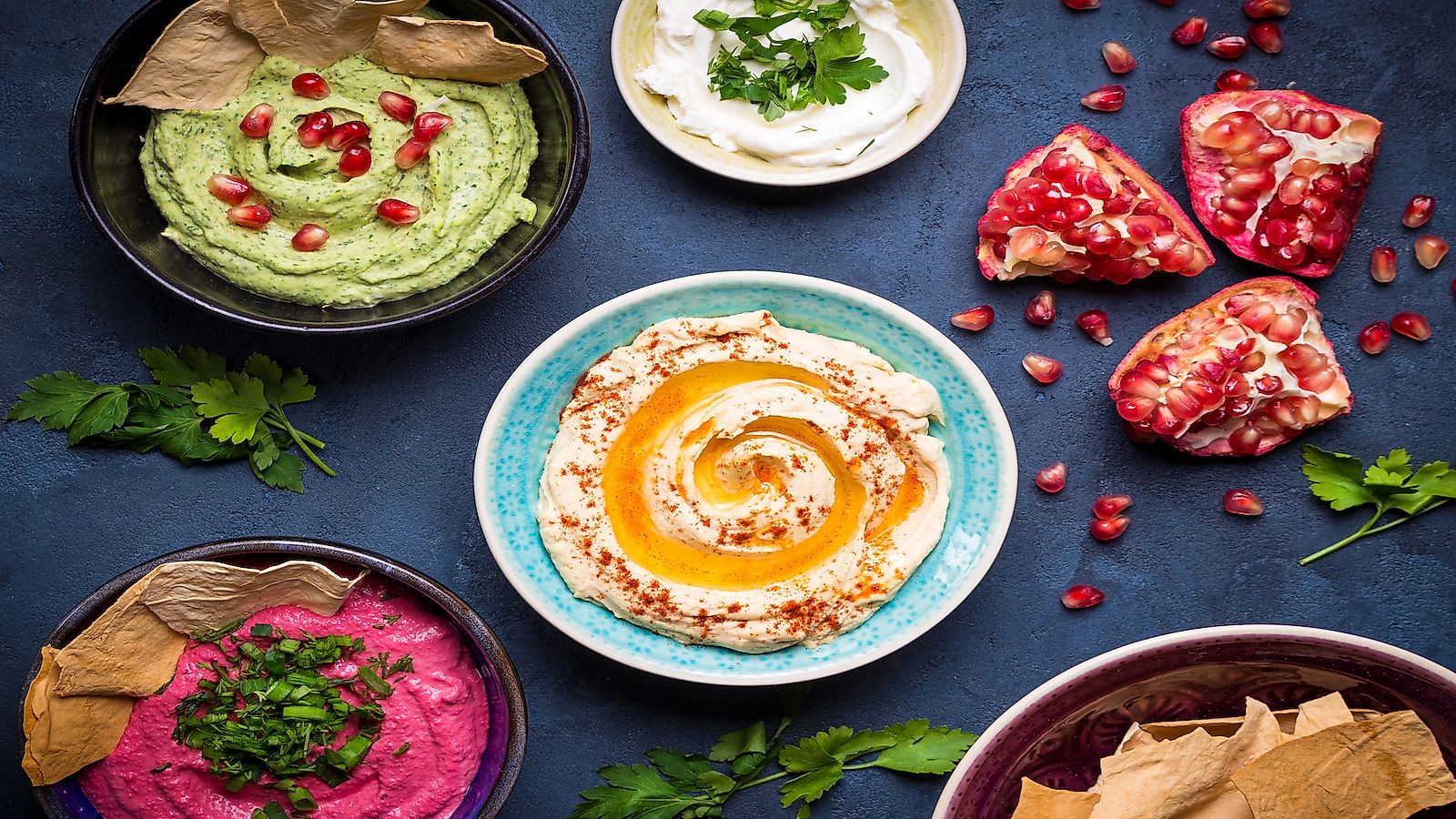 Colorful hummus bowls.