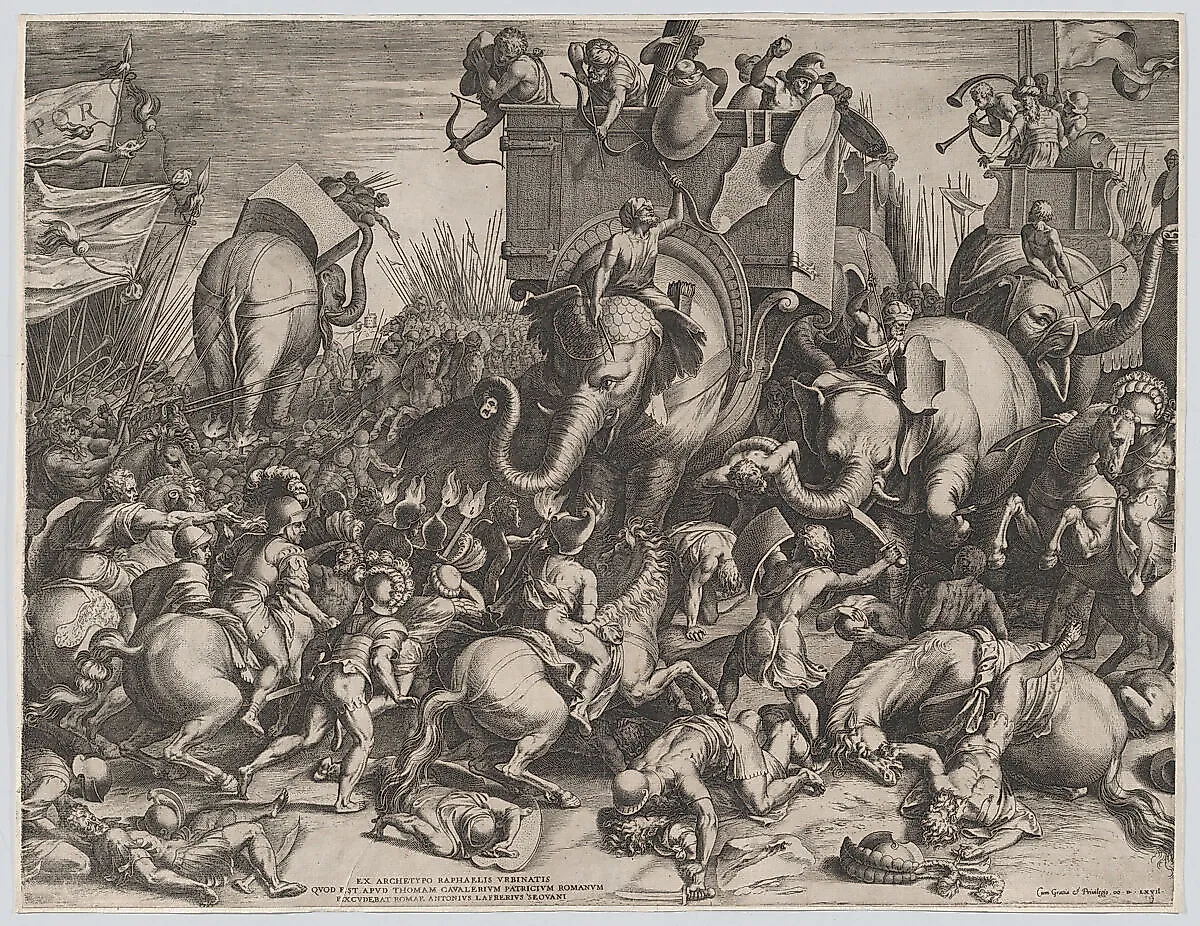 The Battle Between Scipio and Hannibal at Zama. Image by Cornelis Cort, Public domain, via Wikimedia Commons.