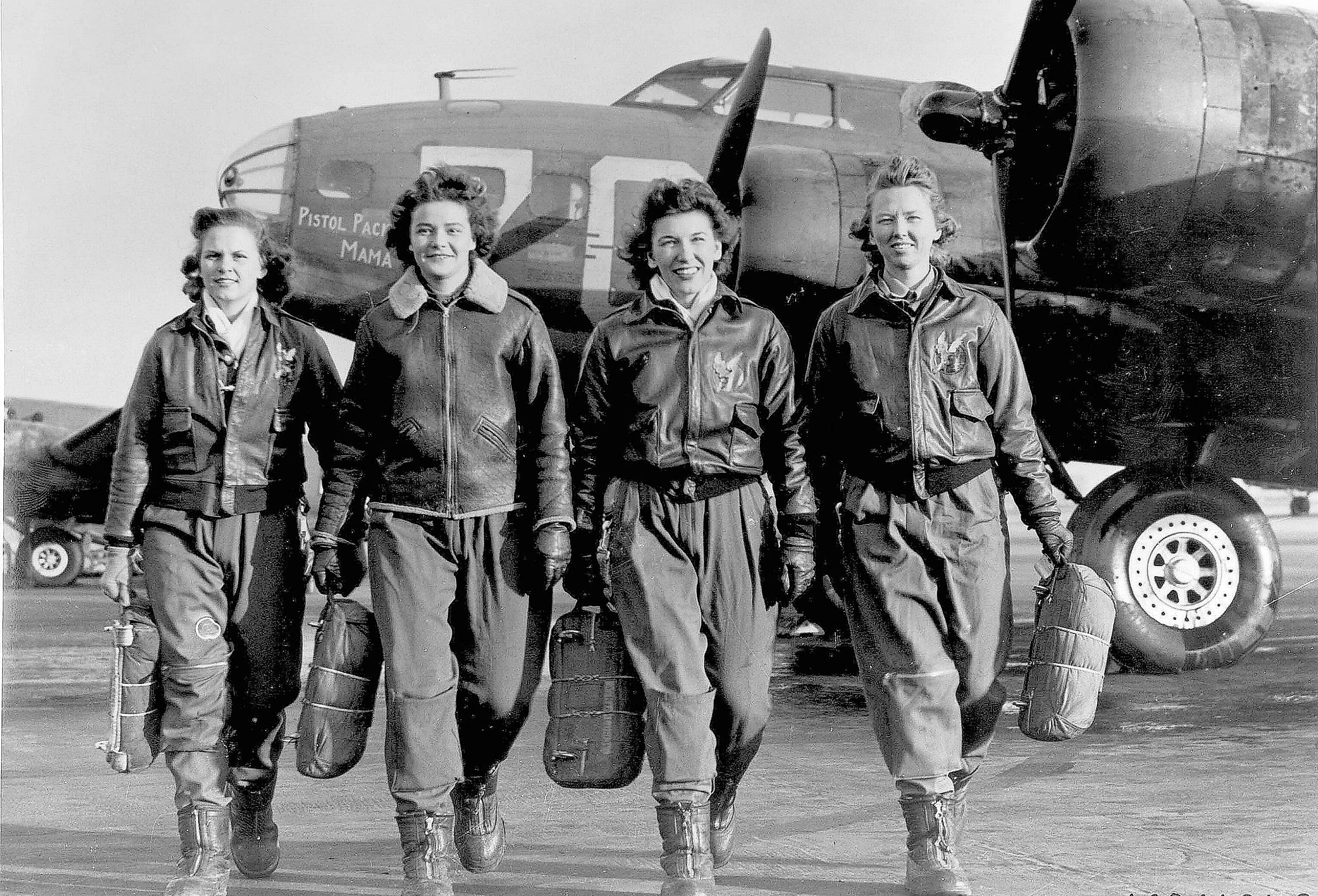 These four female pilots leaving their ship, Pistol Packin' Mama, at Lockbourne AAF, Ohio, are members (WASPS) (1944).