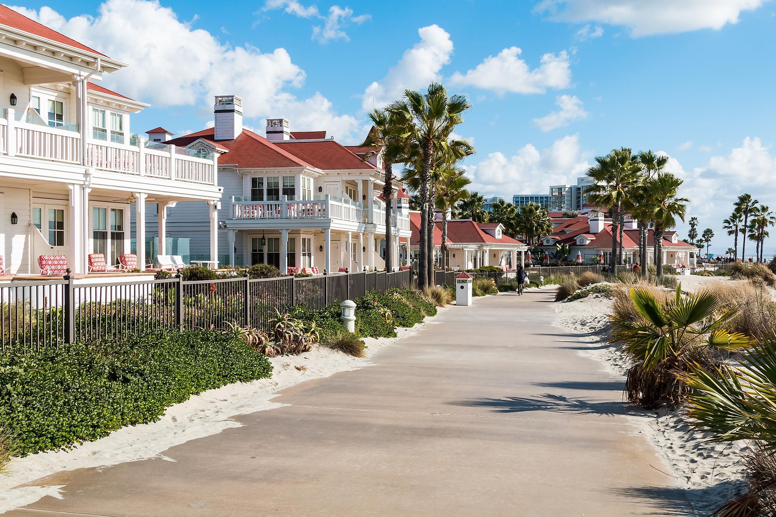 A sidewalk by beachfront cottages of the Hotel del Coronado