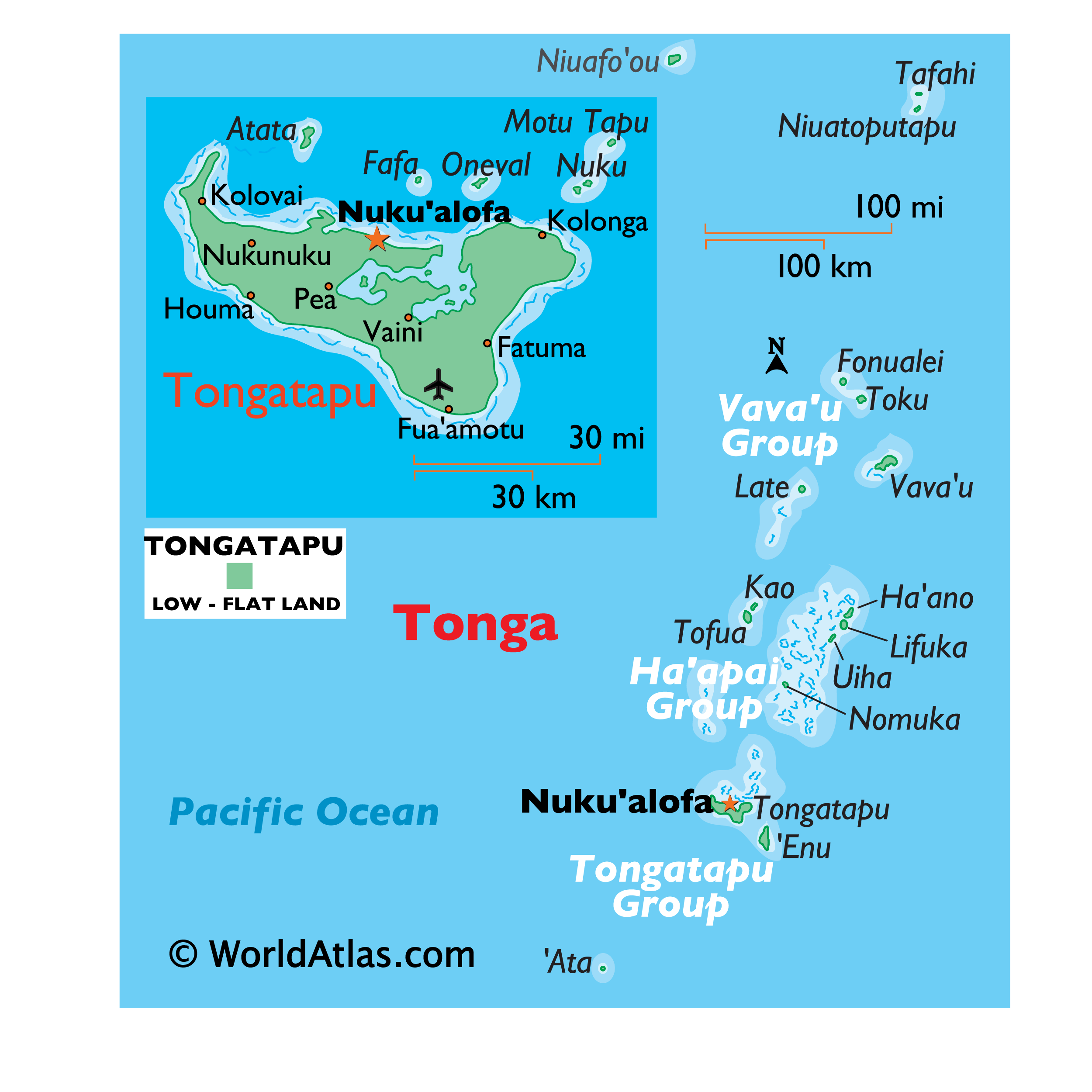 Physical Map of Tonga showing islands, relief, important settlements, etc.