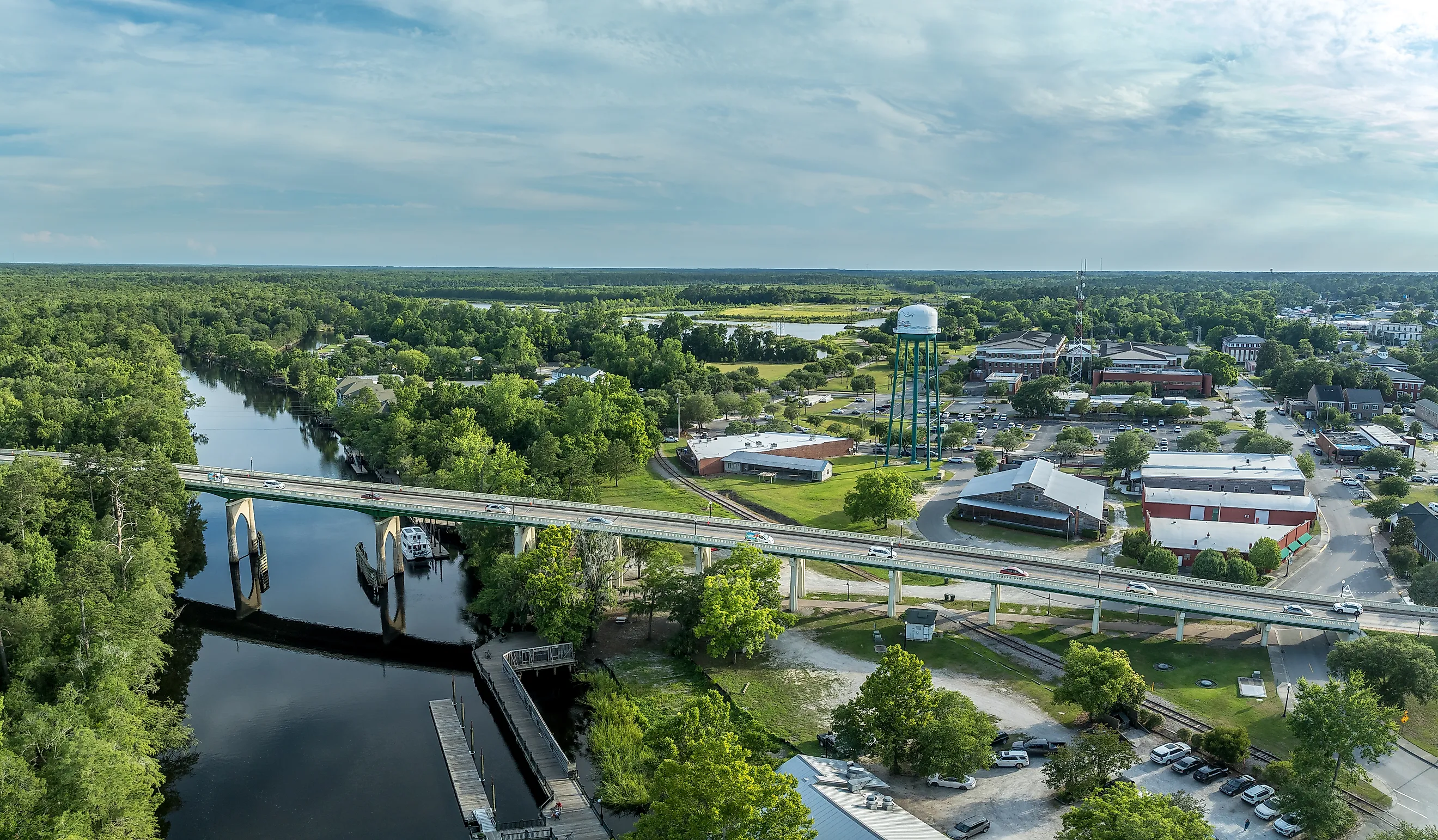 Aerial of Conway, small town on a bluff overlooking the Waccamaw River in South Carolina.