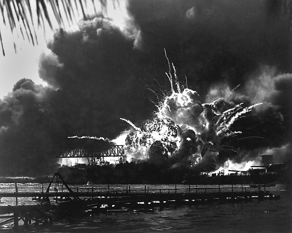 The explosion of the USS Shaw in Pearl Harbor.