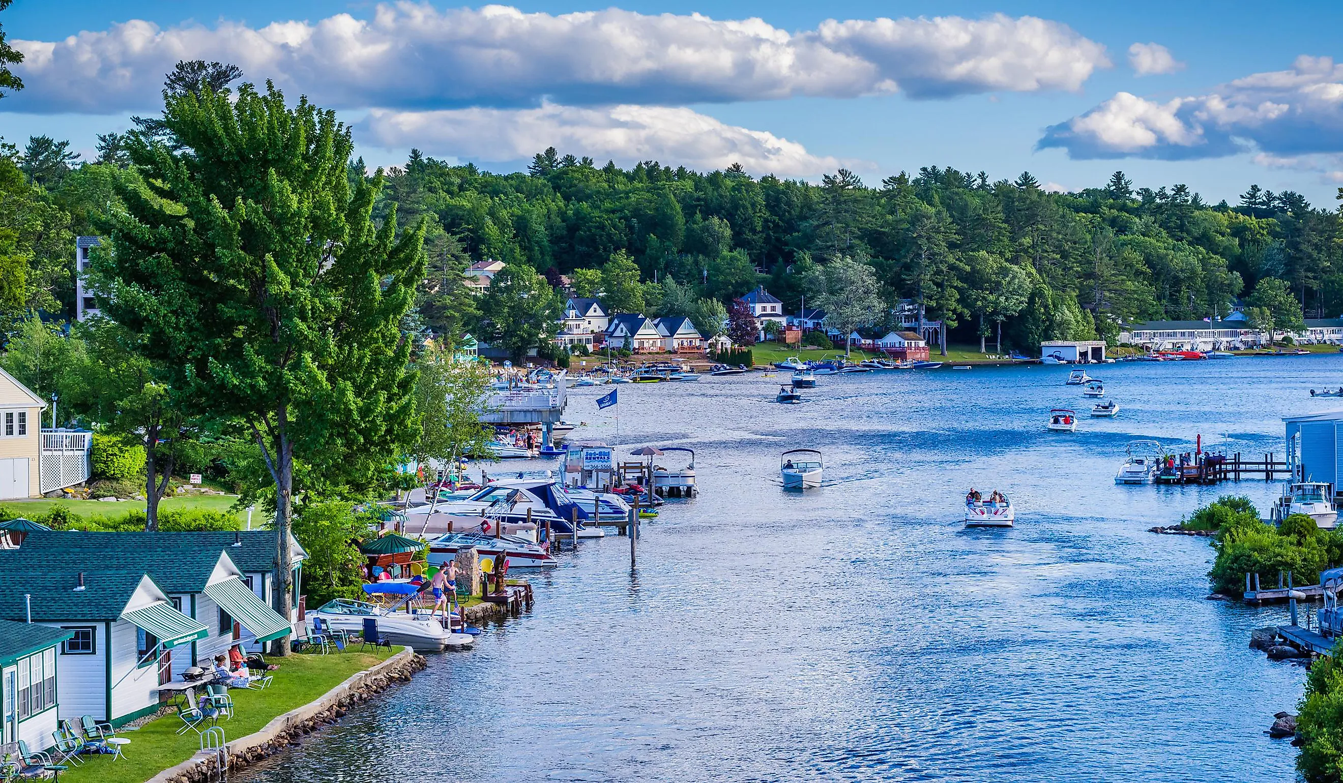 View of boats in Paugus Bay in Laconia, New Hampshire.