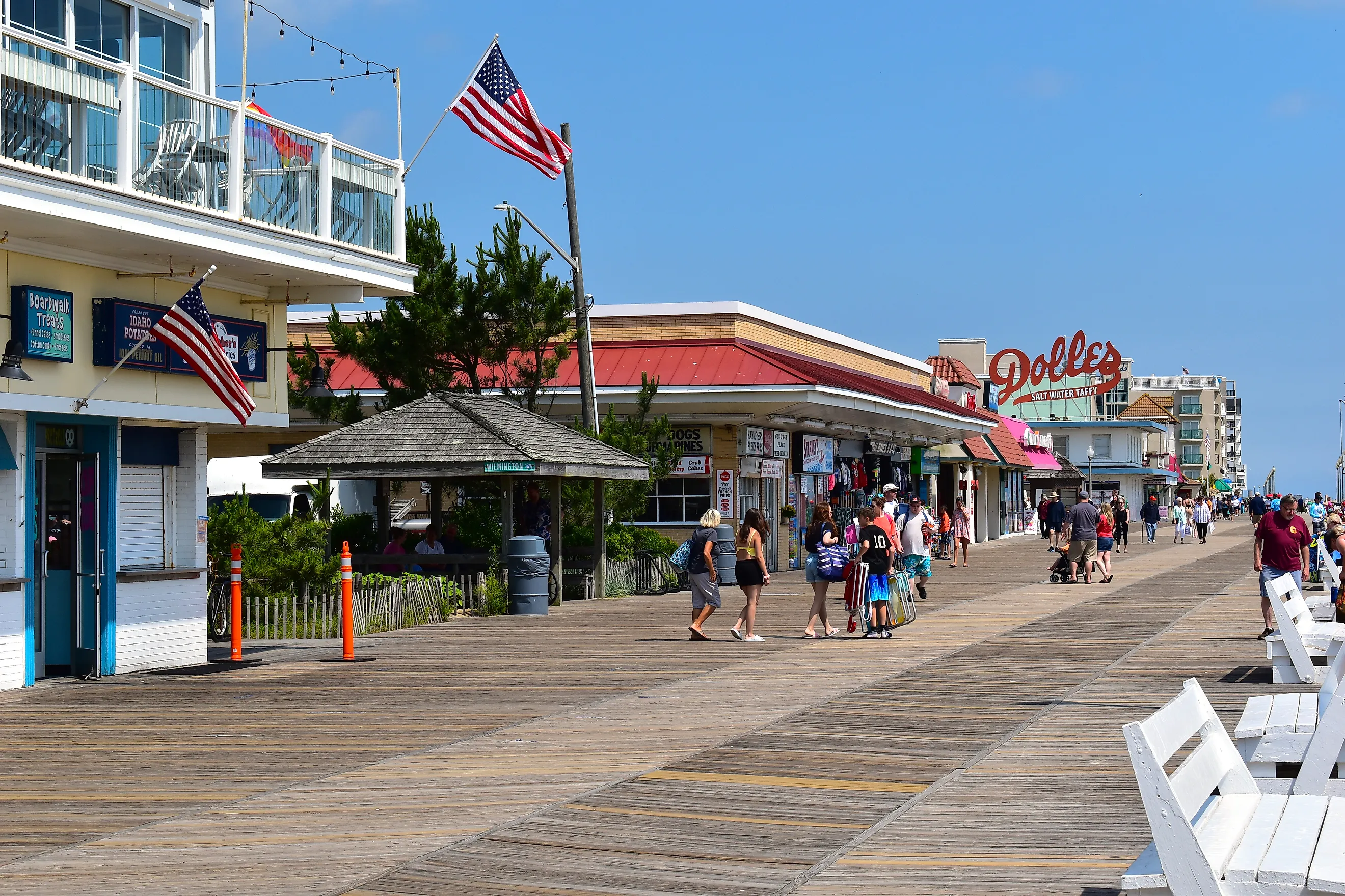 Shops along the boardwalk in Rehoboth Beach, Delaware. Editorial credit: Foolish Productions / Shutterstock.com.