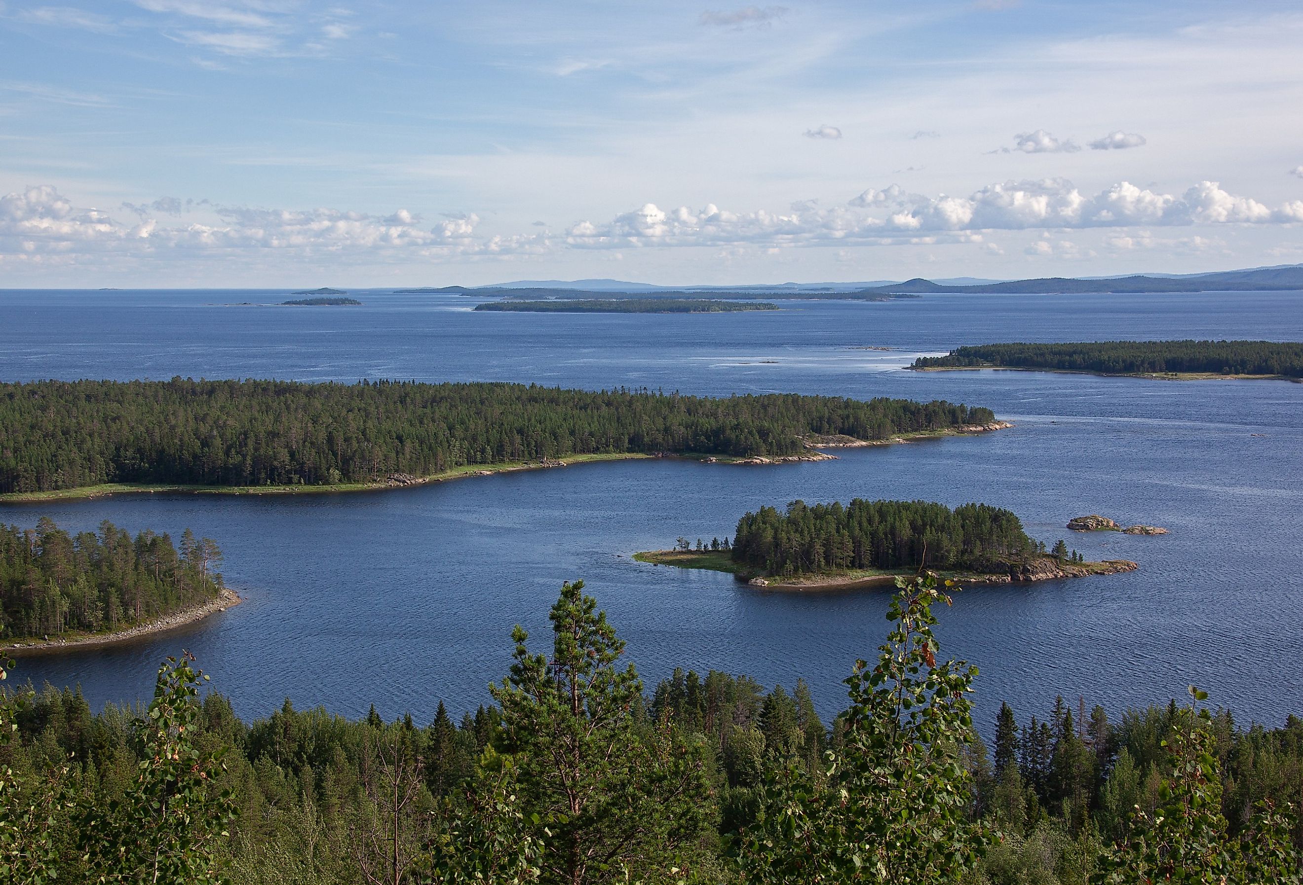 Aerial view of endless vast over the islands and bays of Kandalaksha Gulf in the north-western corner of White Sea, Russia.