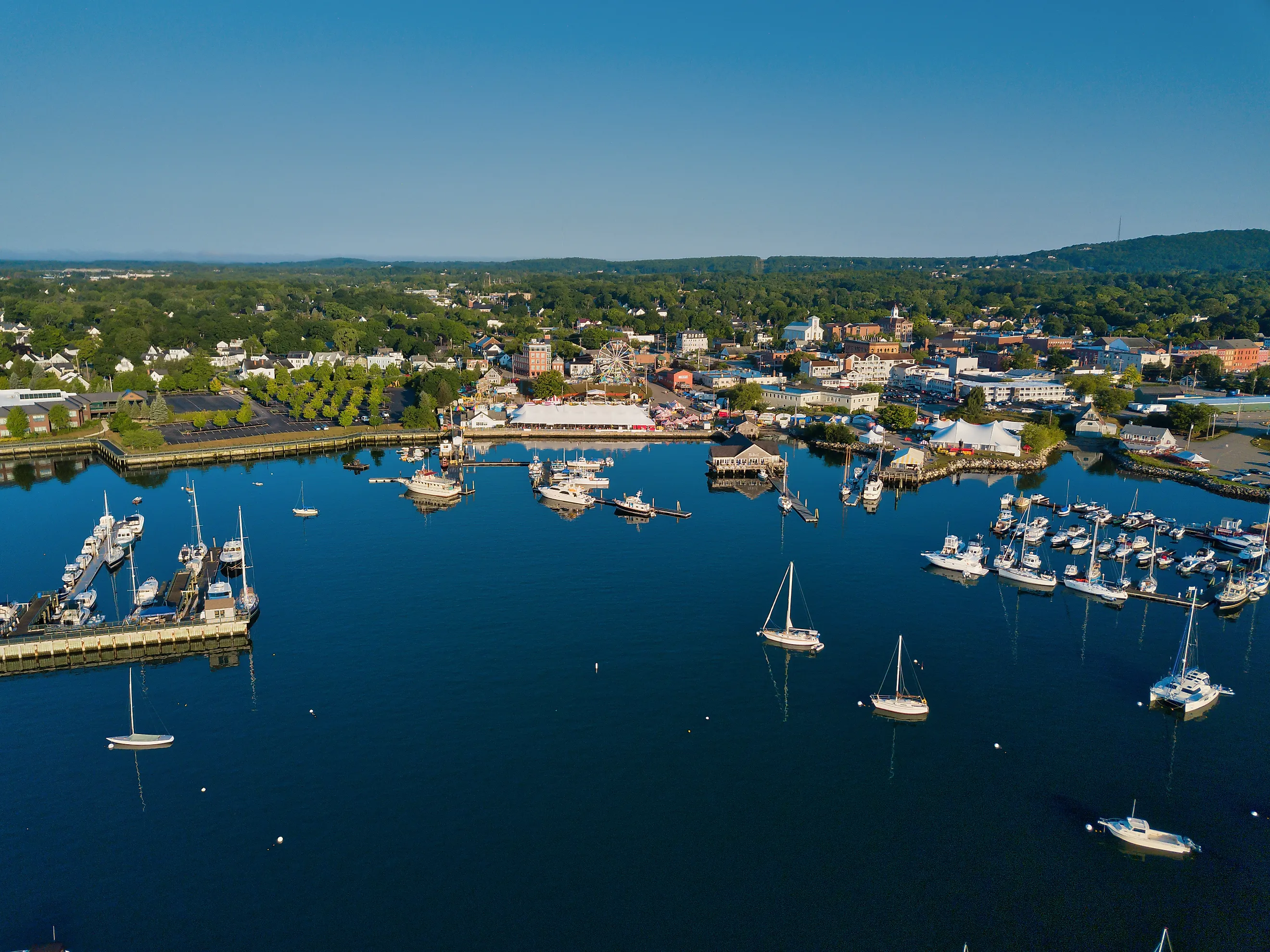 Aerial drone image of the Rockland Harbor in Maine.